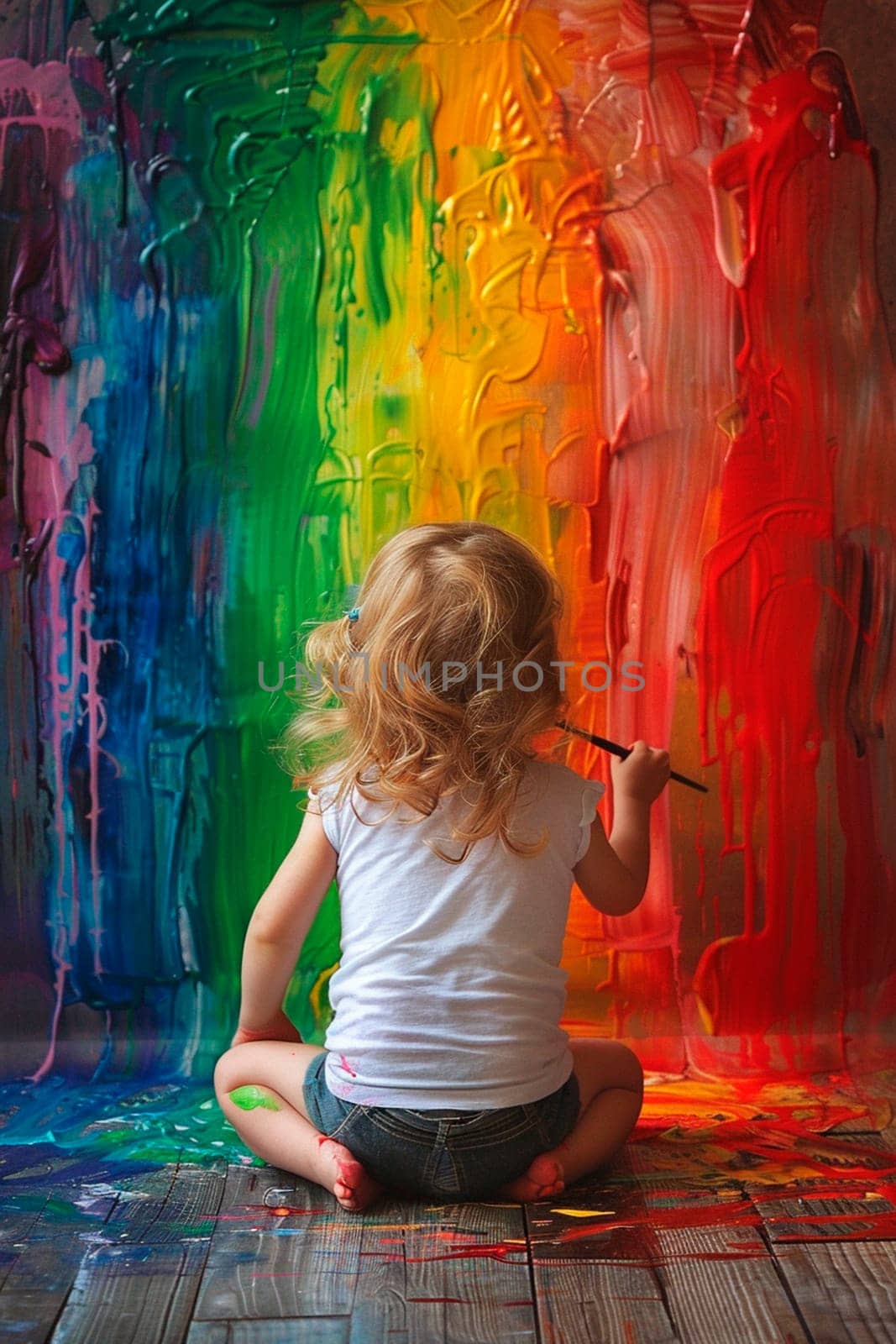 a child draws a rainbow with paints. selective focus. people.