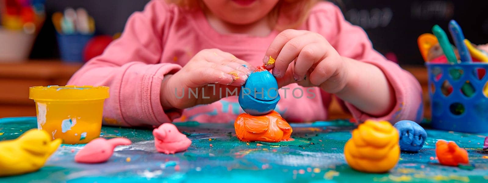 child sculpting plasticine on the table. selective focus. people.