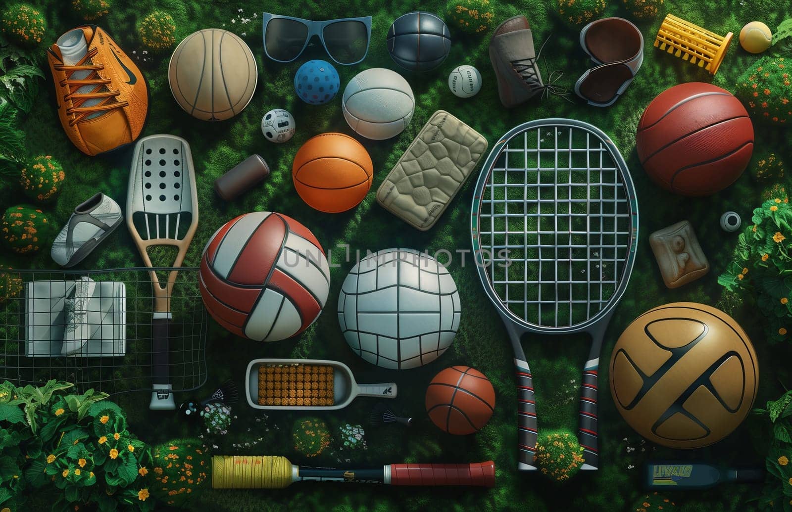 Sport games background - basketball, soccer ball, rackets, sneakers - copy space by Andelov13