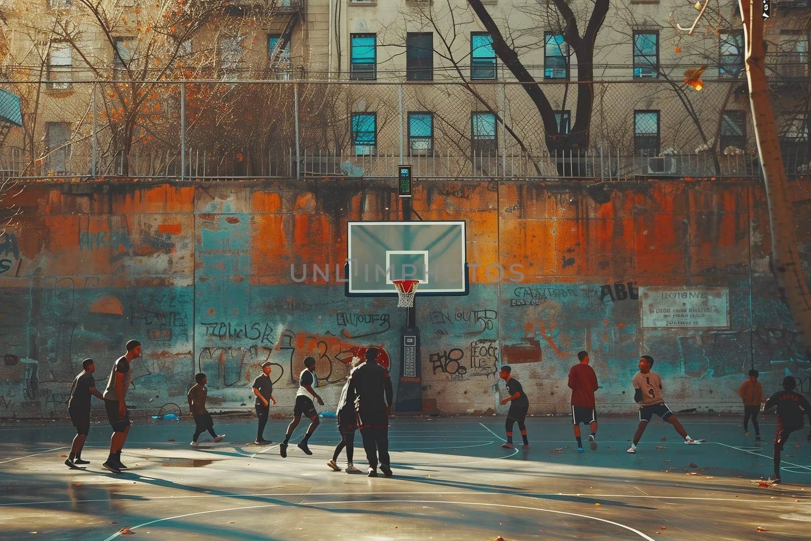 Players on Brower Park Basket Ball Court Enjoy a sunny late spring afternoon of basketball . High quality photo