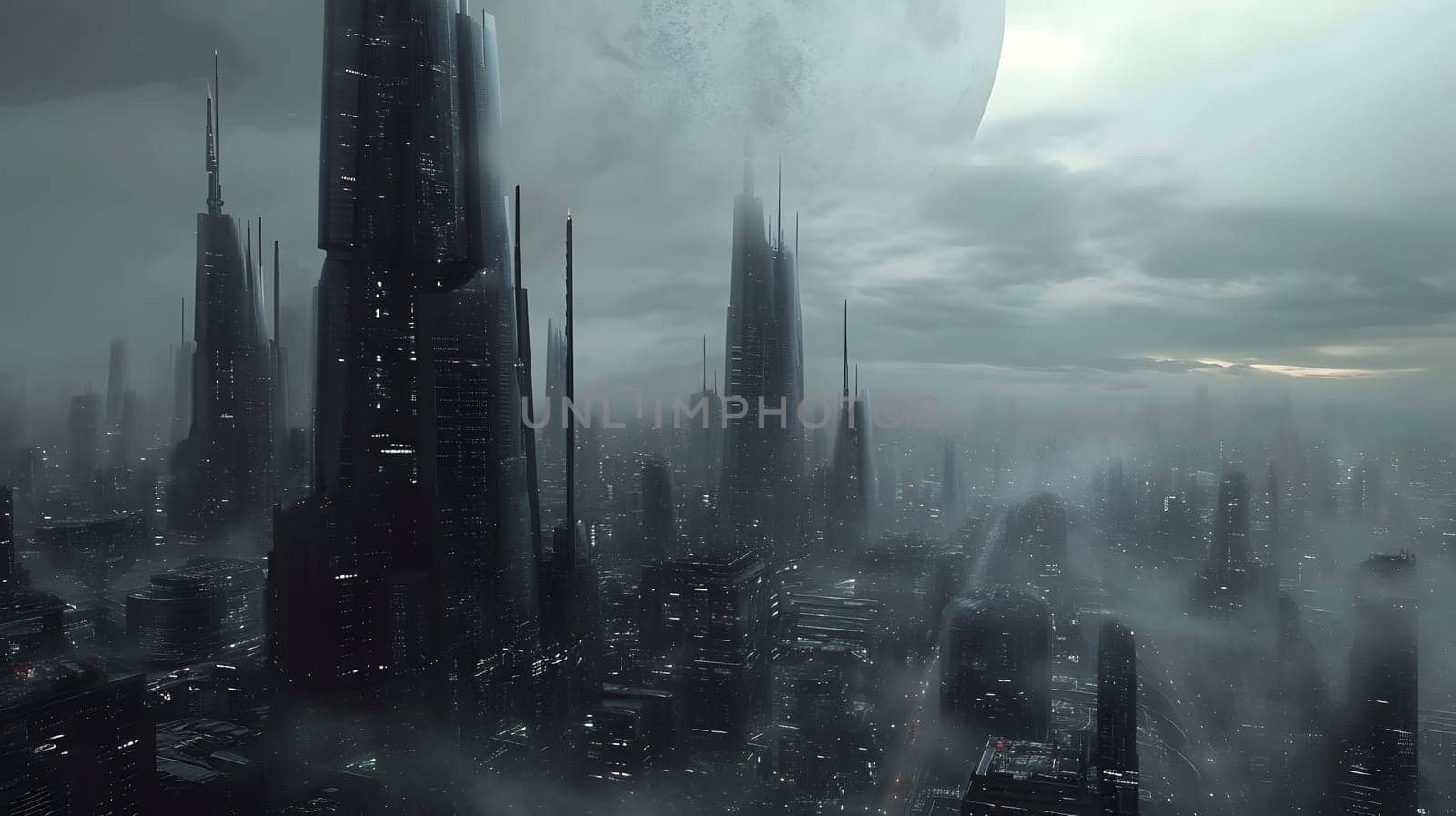 dark megapolis city of the future in misterious fog, generative ai. High quality photo