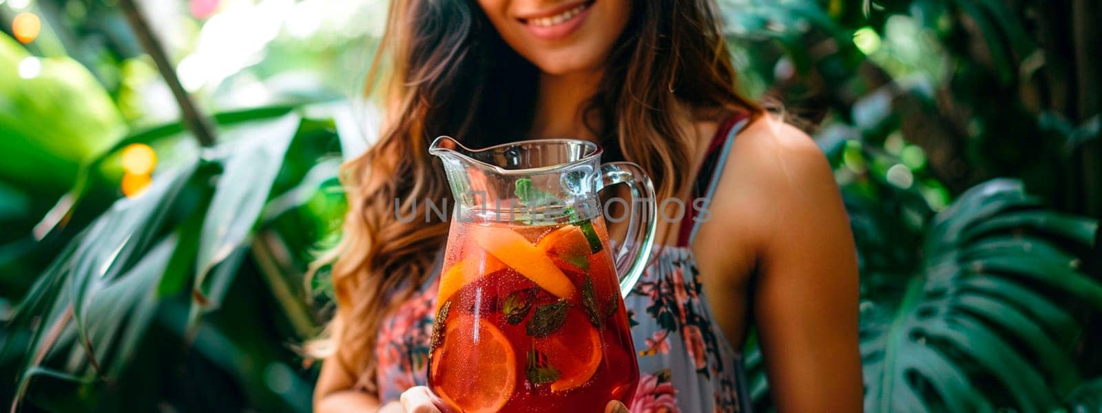 woman holding a jug of sangria in the garden. selective focus. by yanadjana