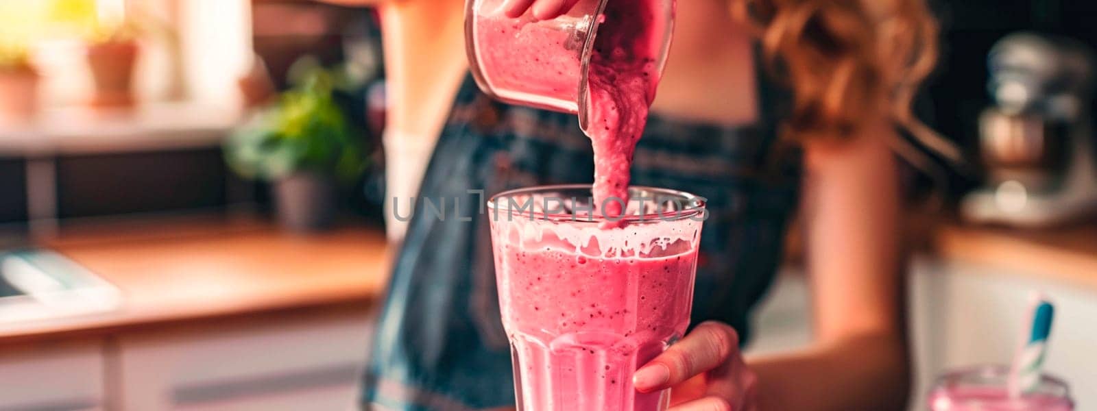 woman making berry smoothie in the kitchen. selective focus. people.