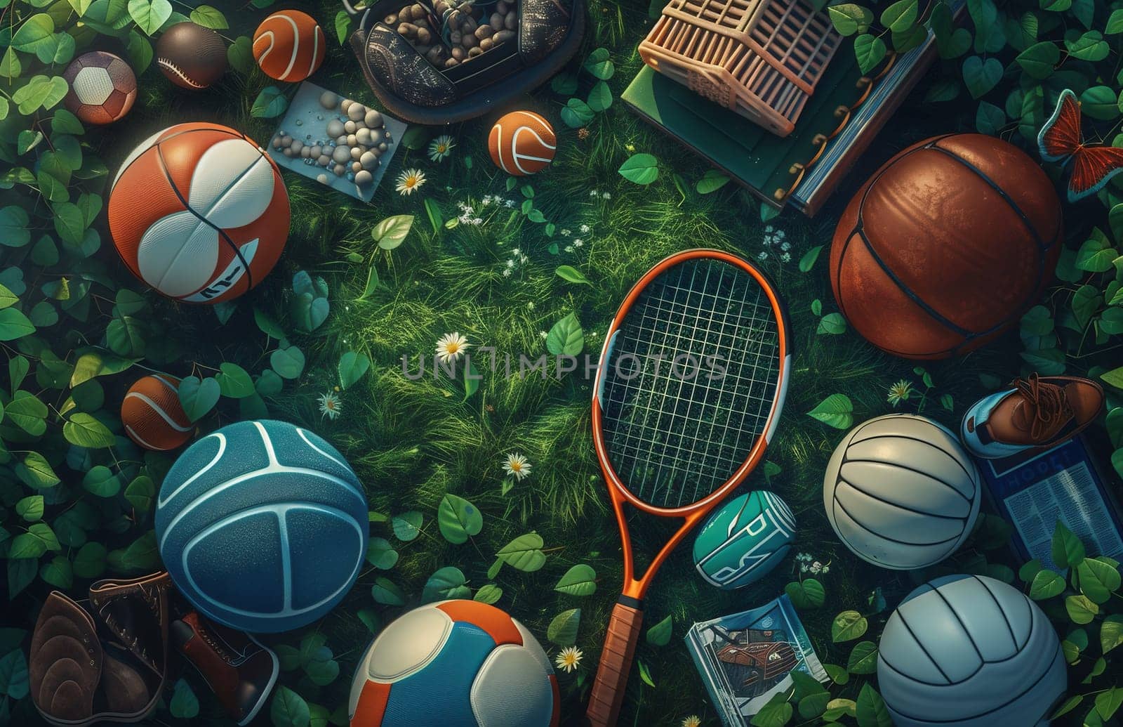 Sport games background - basketball, soccer ball, rackets, sneakers - copy space. High quality photo