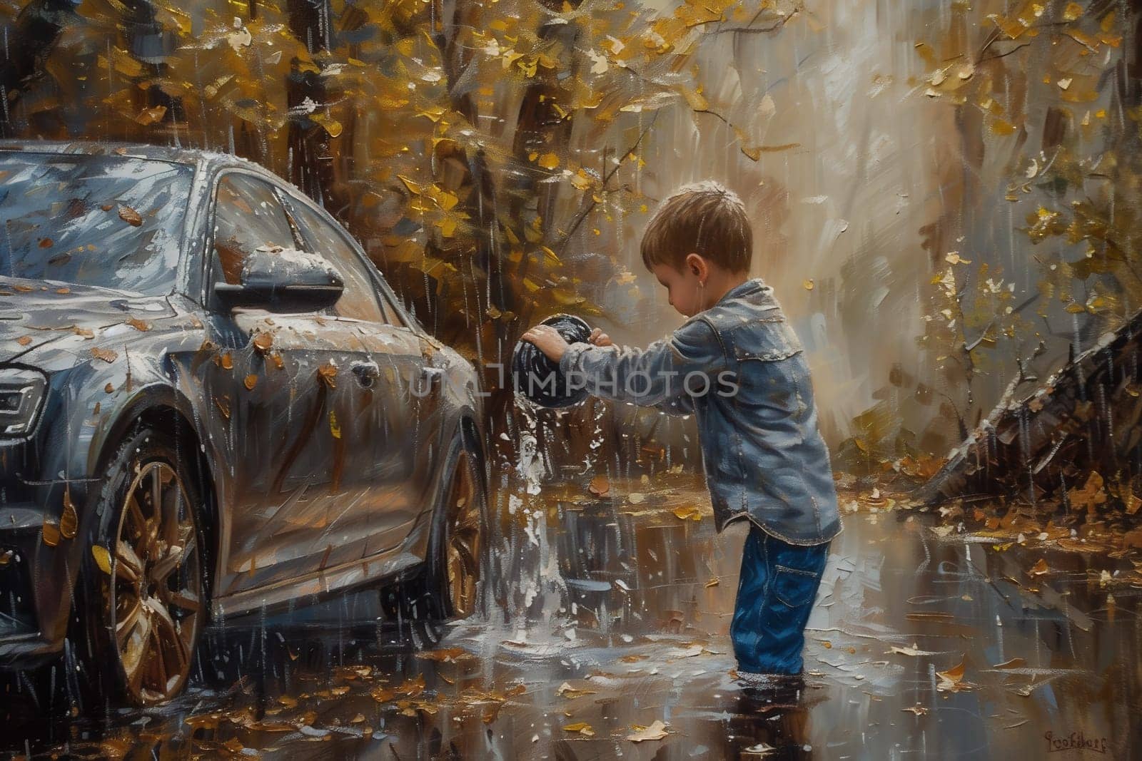 Closeup side view of a young boy washing car with sponge. High quality photo