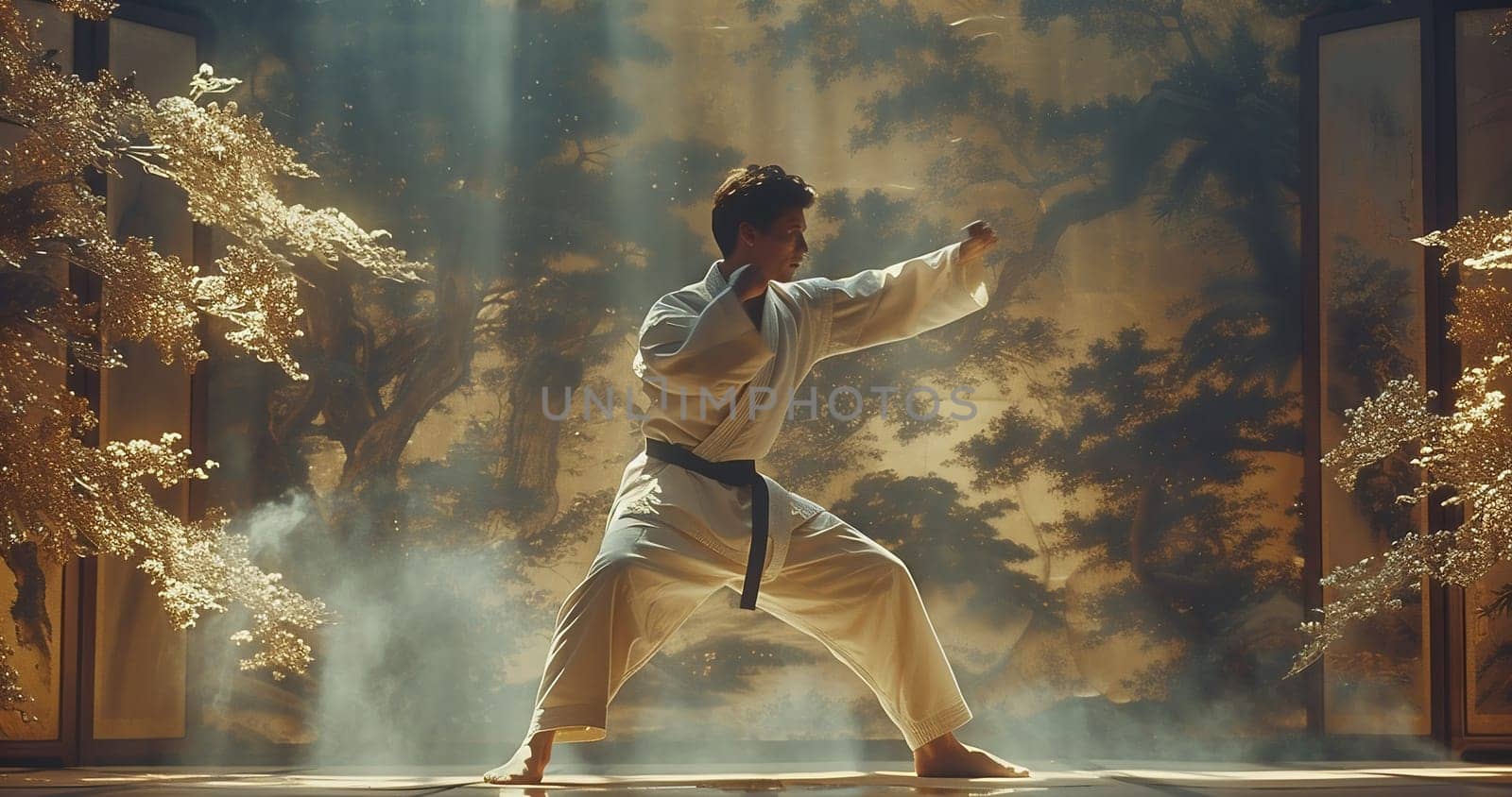 coach of karate, man, fighter or athlete posing in fighting stance with fists in white kimono, suit, with belt on beige wall. Martial art and energy by Andelov13