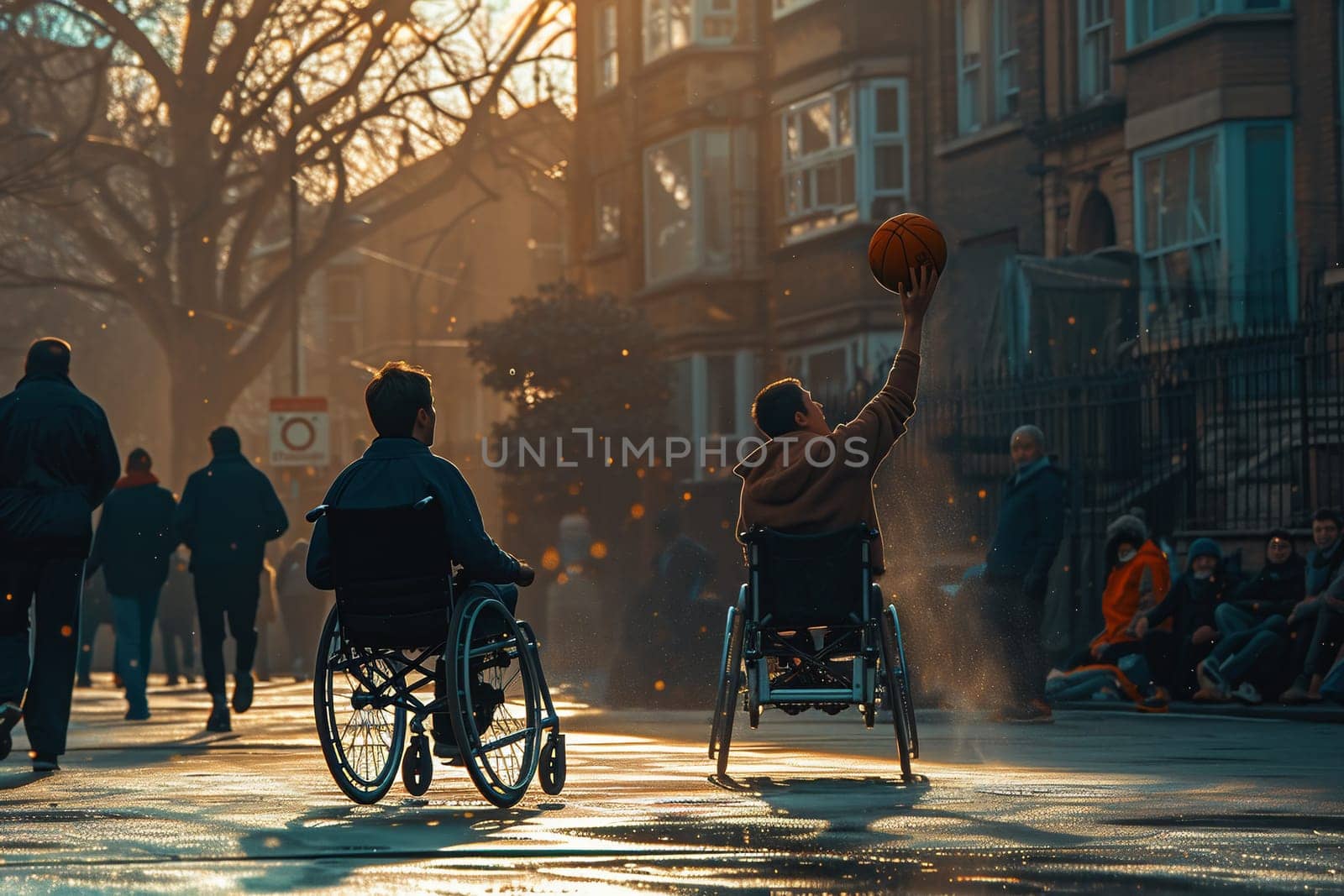 Happy basketball player with disability uses wheelchair while playing on outdoor sports court. by Andelov13