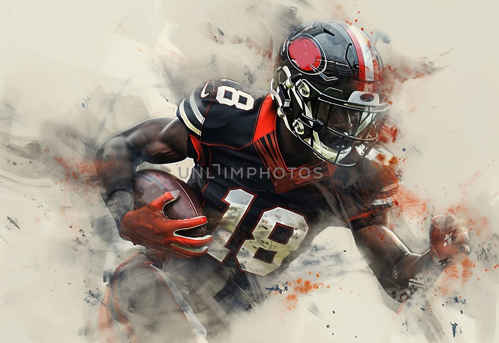 Drawing of an NFL player with a ball and a helmet on a colored background. For your design. High quality photo