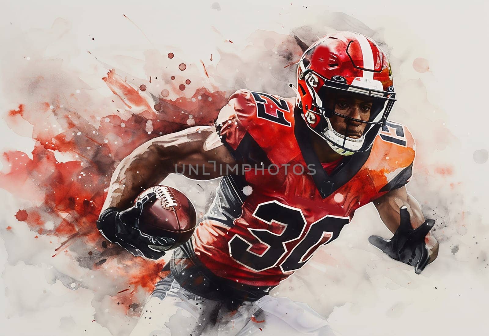 Drawing of an NFL player with a ball and a helmet on a colored background. For your design by Andelov13