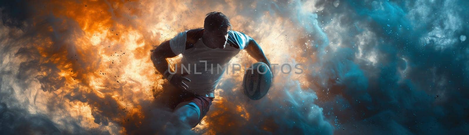 Man rugby player holds ball on dark background. Sports banner. Horizontal copy space background by Andelov13
