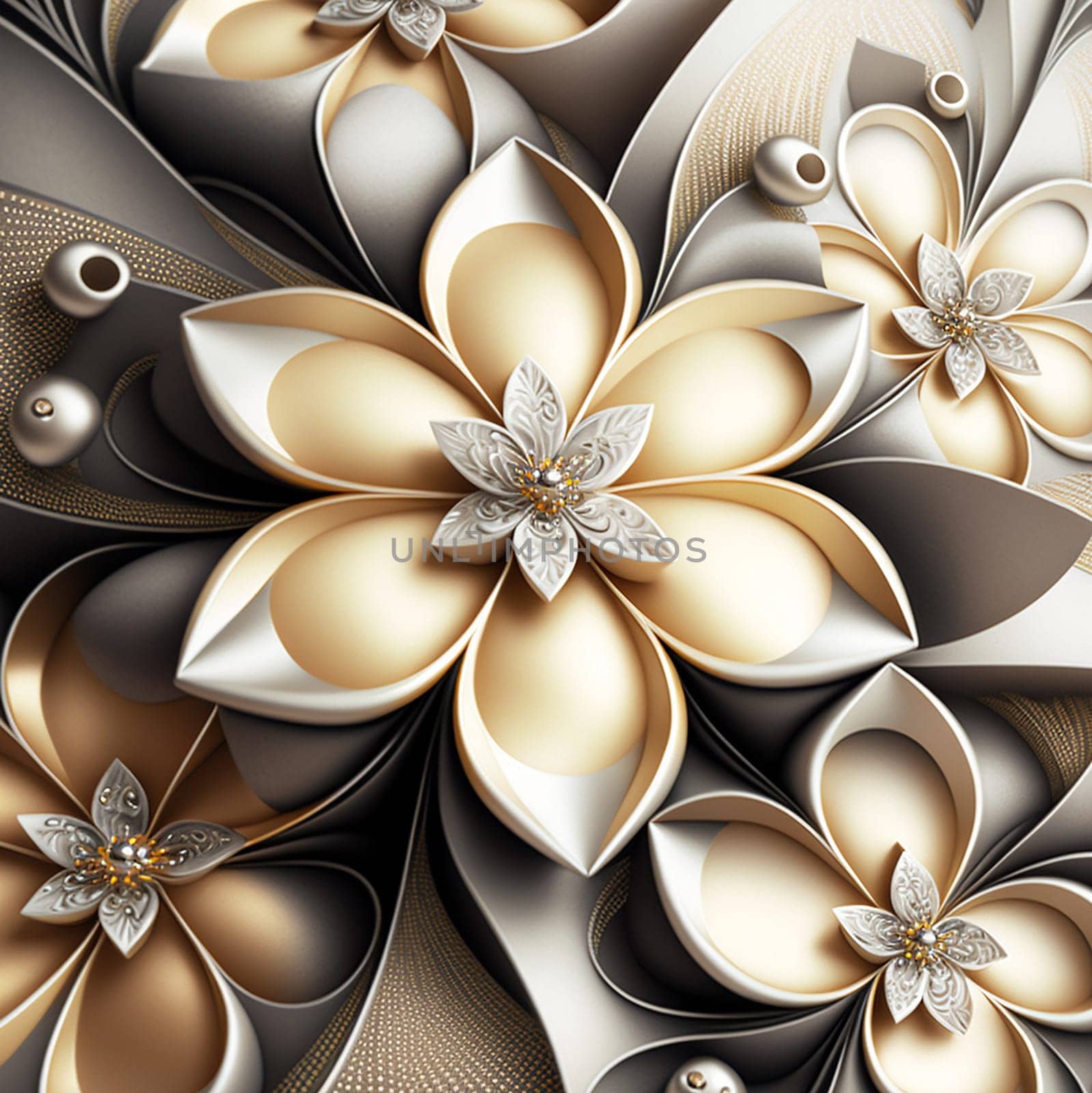 A beautiful wallpaper of golden and silver diamond flowers on silk background using generative AI. by hr-gold