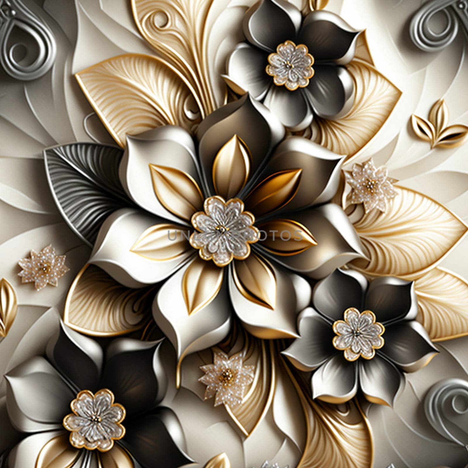 A beautiful wallpaper of golden and silver diamond flowers on silk background. A illustration created with generative AI.