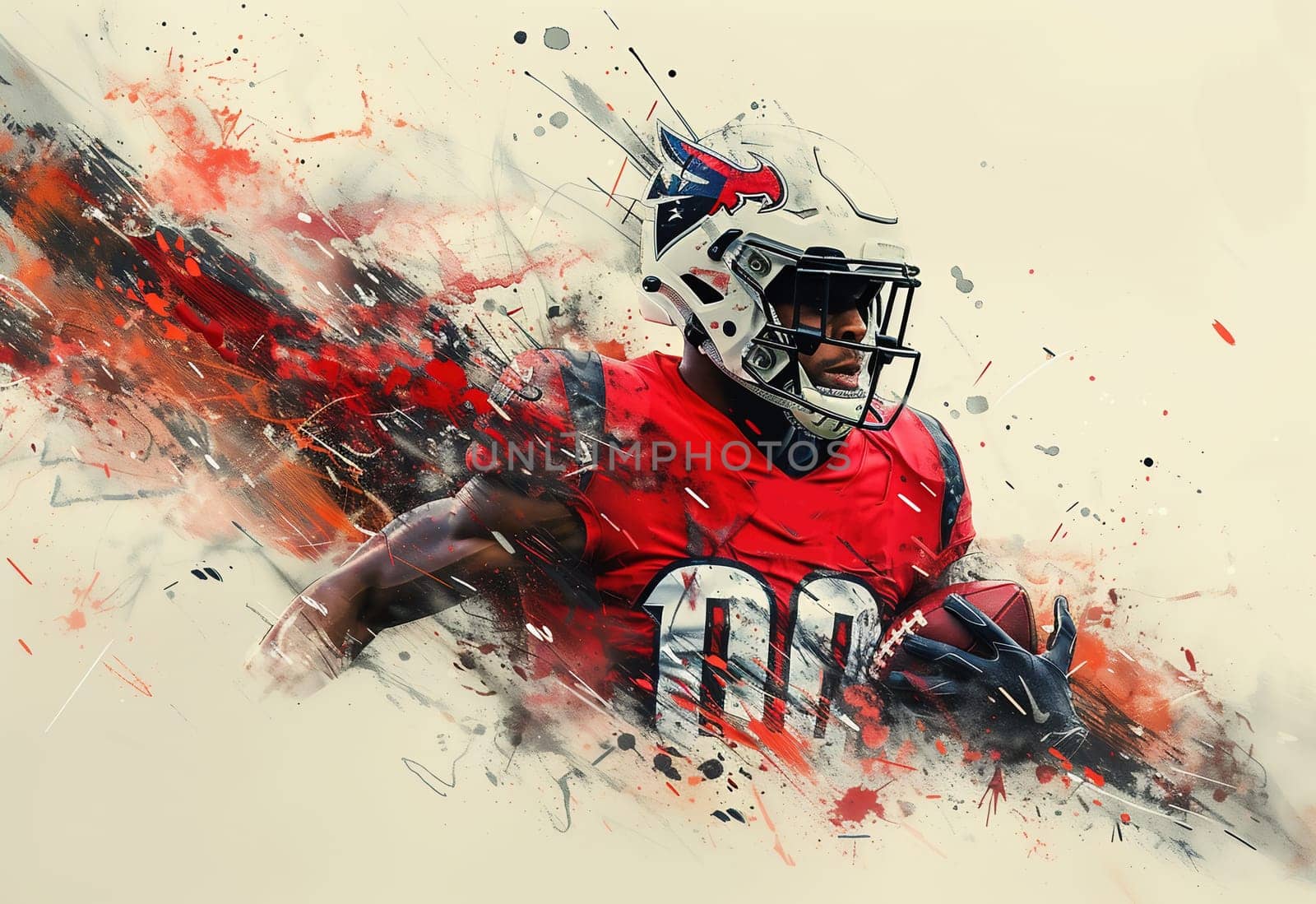 Drawing of an NFL player with a ball and a helmet on a colored background. For your design. High quality photo