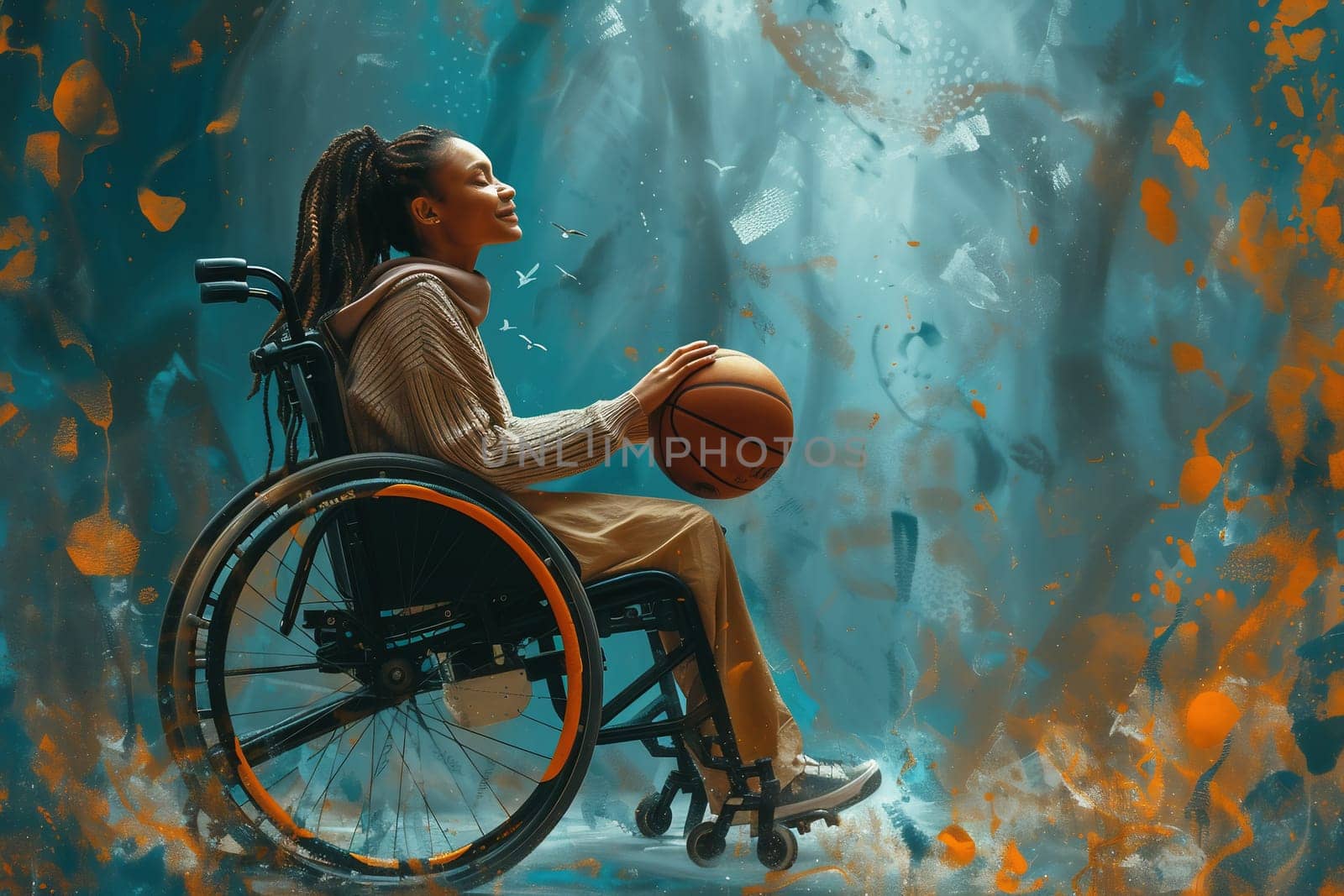Young woman sitting in wheelchair holding basketball in park. Hope concept. High quality photo