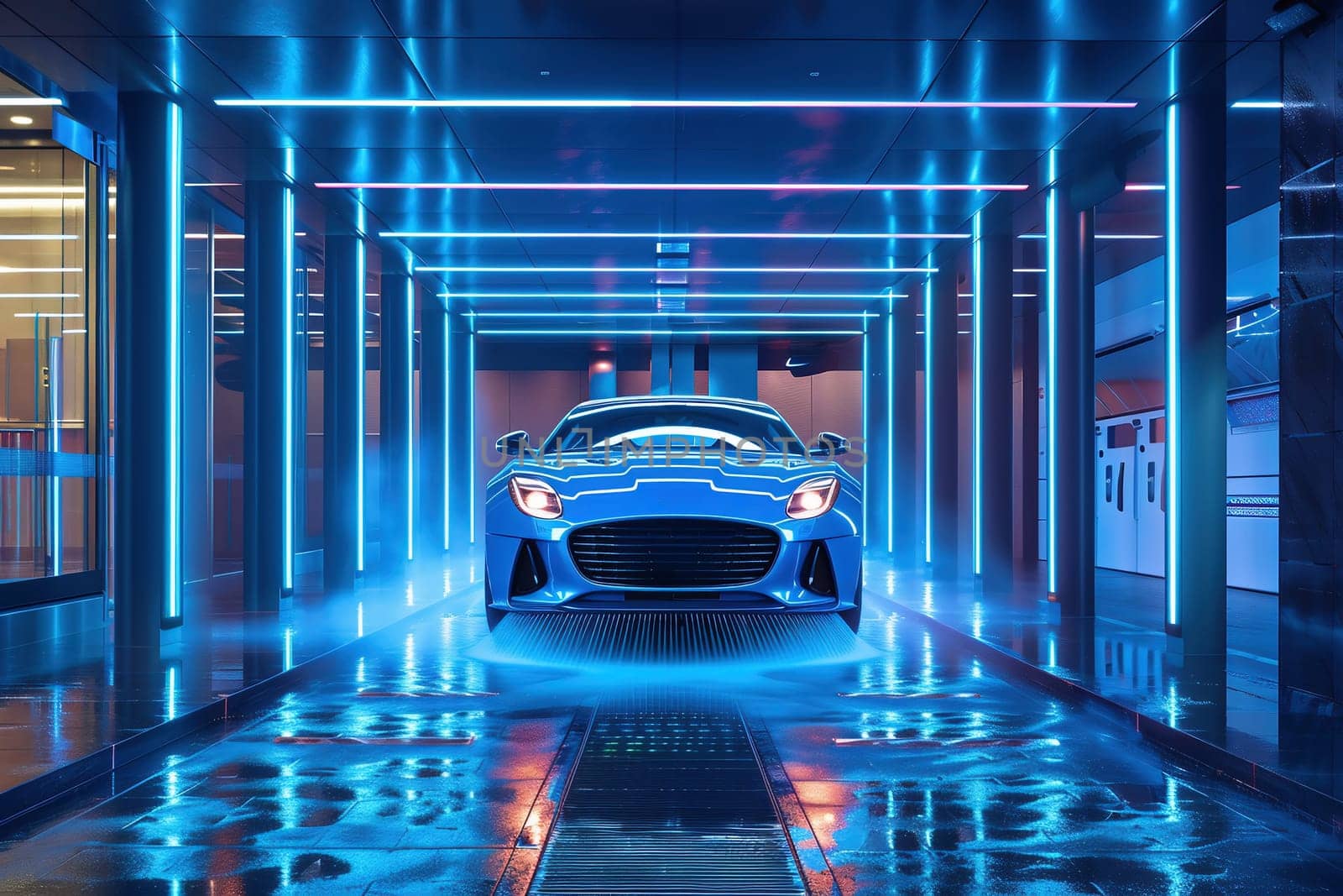 A beautiful neon city with futuristic lighting. Set in a vibrant colourful Cyberpunk destination, this modern town contains buildings, exterior architecture in flourescent popping colour, and more. High quality photo