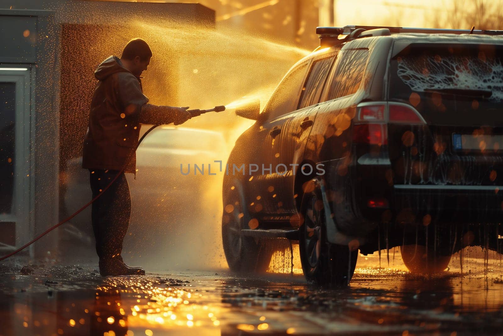 Hand washing with high pressure water, spraying water on the car. Self-service car wash. High quality photo