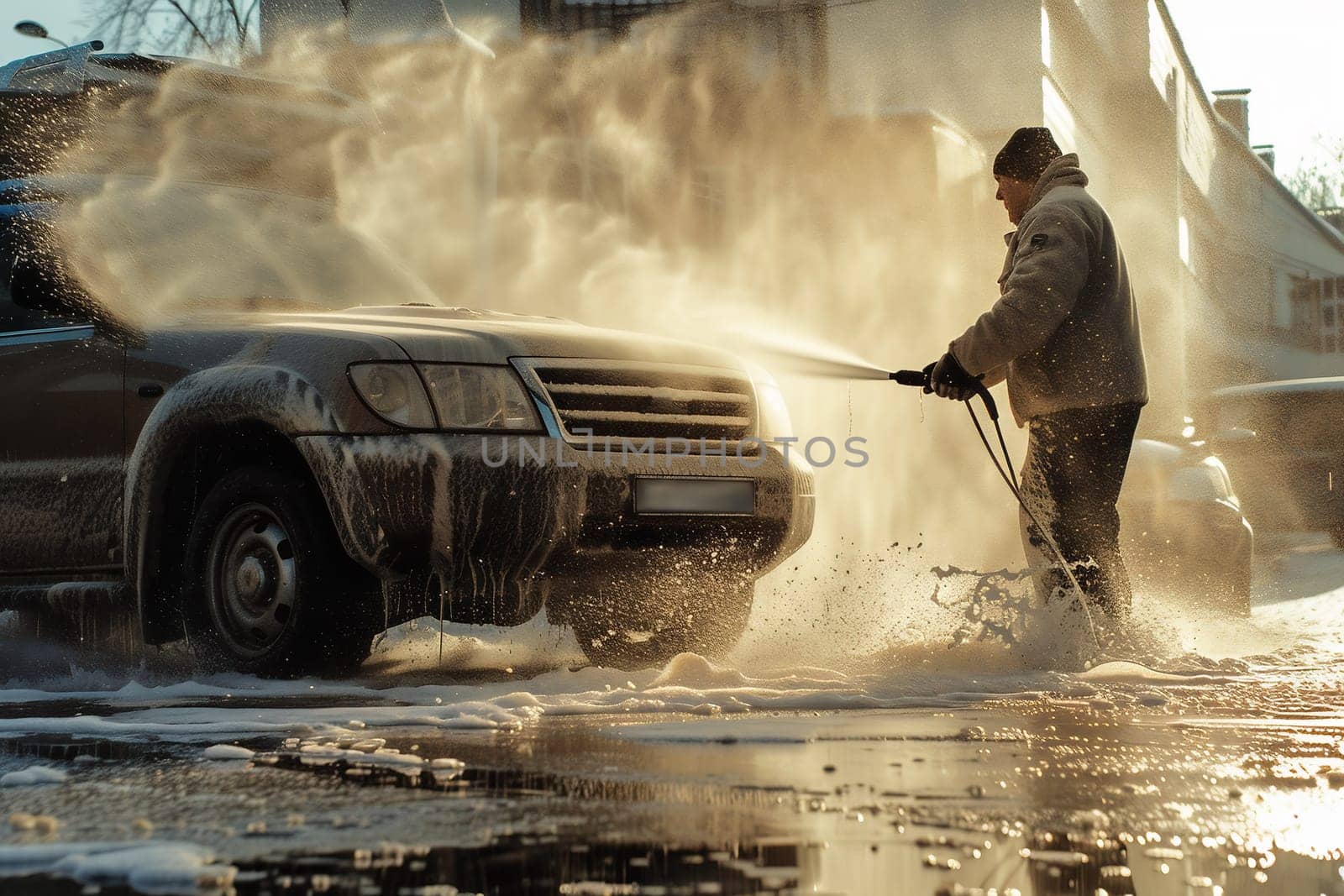 Hand washing with high pressure water, spraying water on the car. Self-service car wash. High quality photo