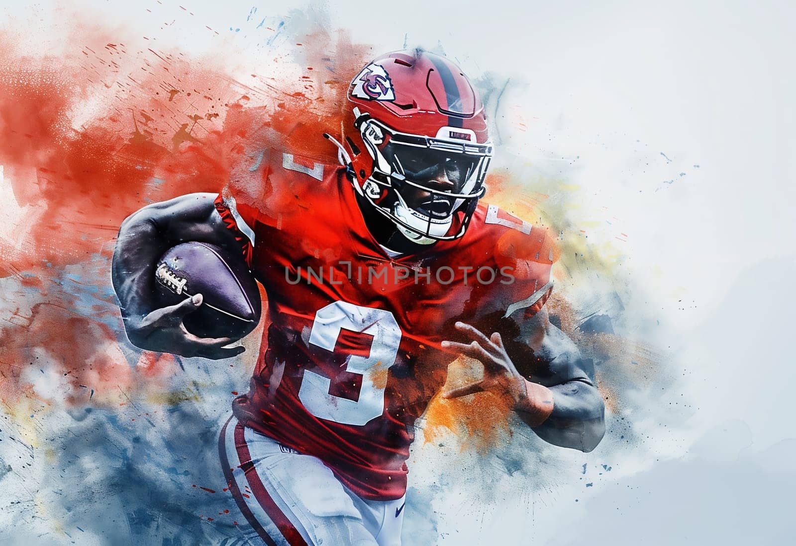 Drawing of an NFL player with a ball and a helmet on a colored background. For your design. High quality photo