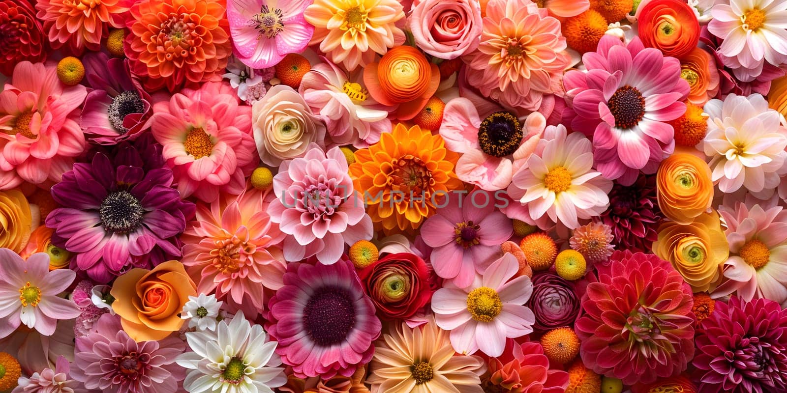 The picture displays a variety of flowers, showcasing the beauty of different types such as magenta petals, artificial flowers, and bouquets arranged as a stunning art piece