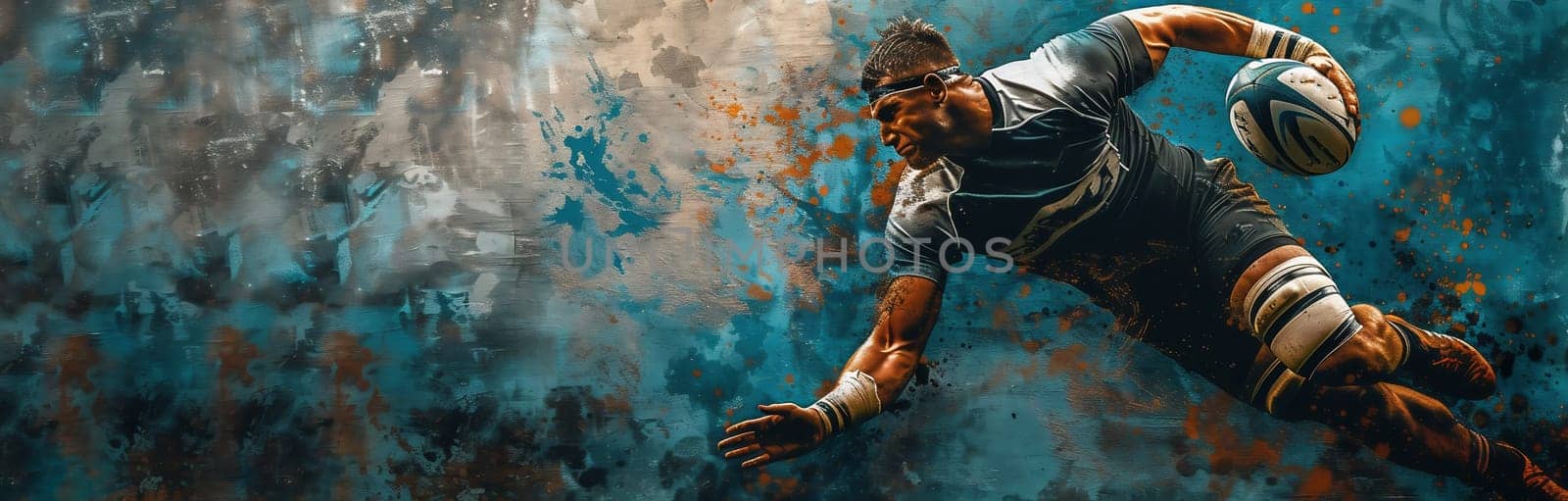 Man rugby player holds ball on dark background. Sports banner. Horizontal copy space background by Andelov13