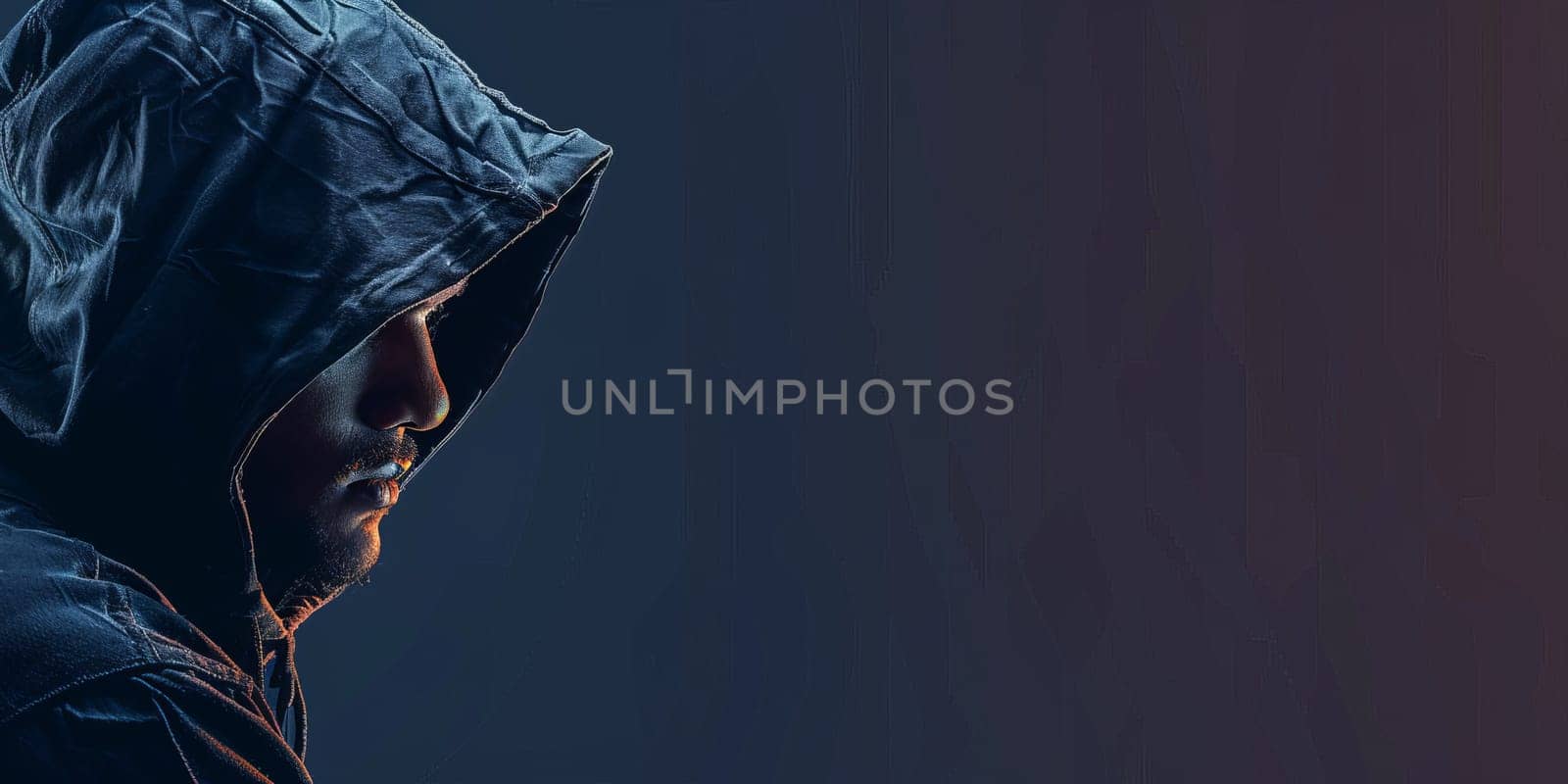 Portrait of hooded thief or burglar on left side isolated on the dark blue and black background with copy space