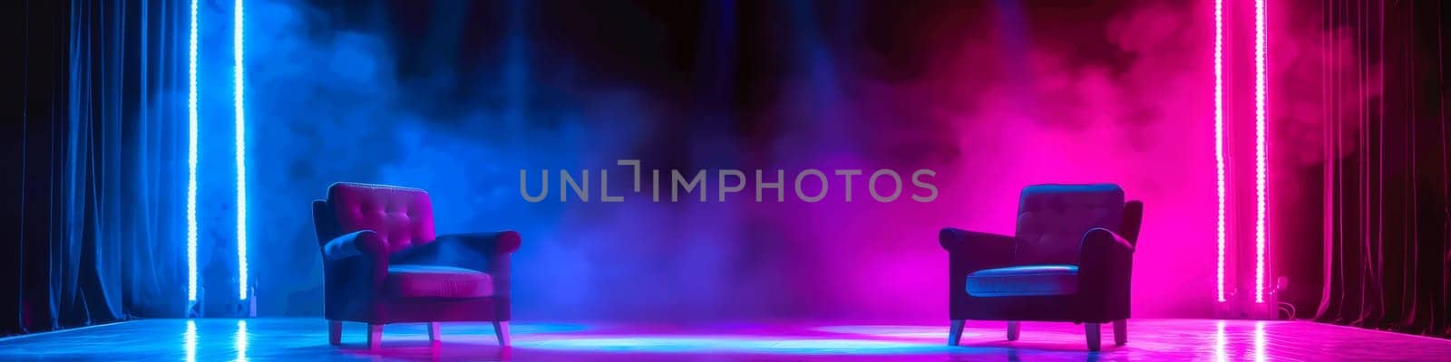 Close up of a two chairs isolated on blue and pink neon and smoky light background
