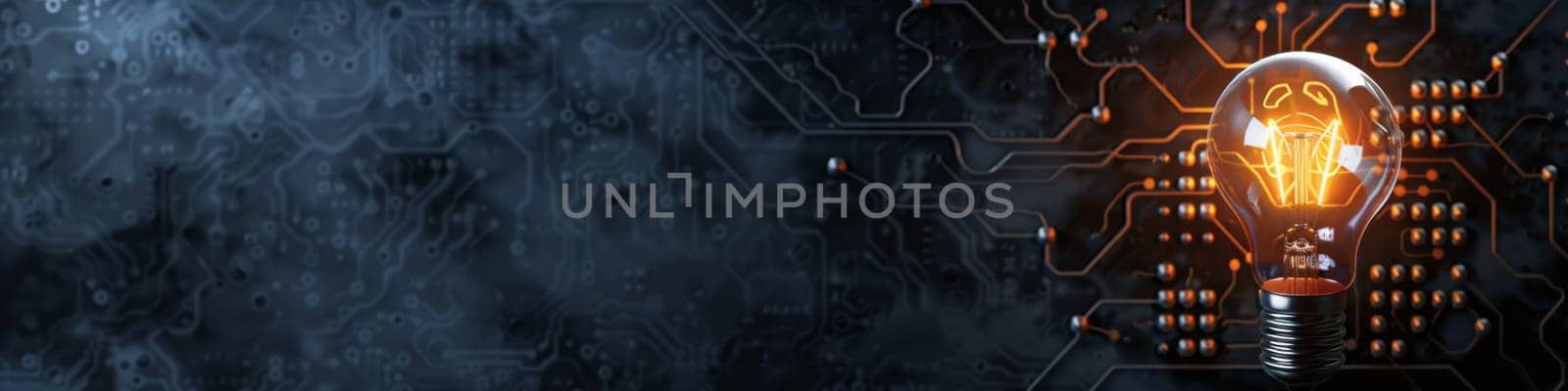 Glowing light bulb with a circuit board inside isolated on the right side on dark gray background with copy space
