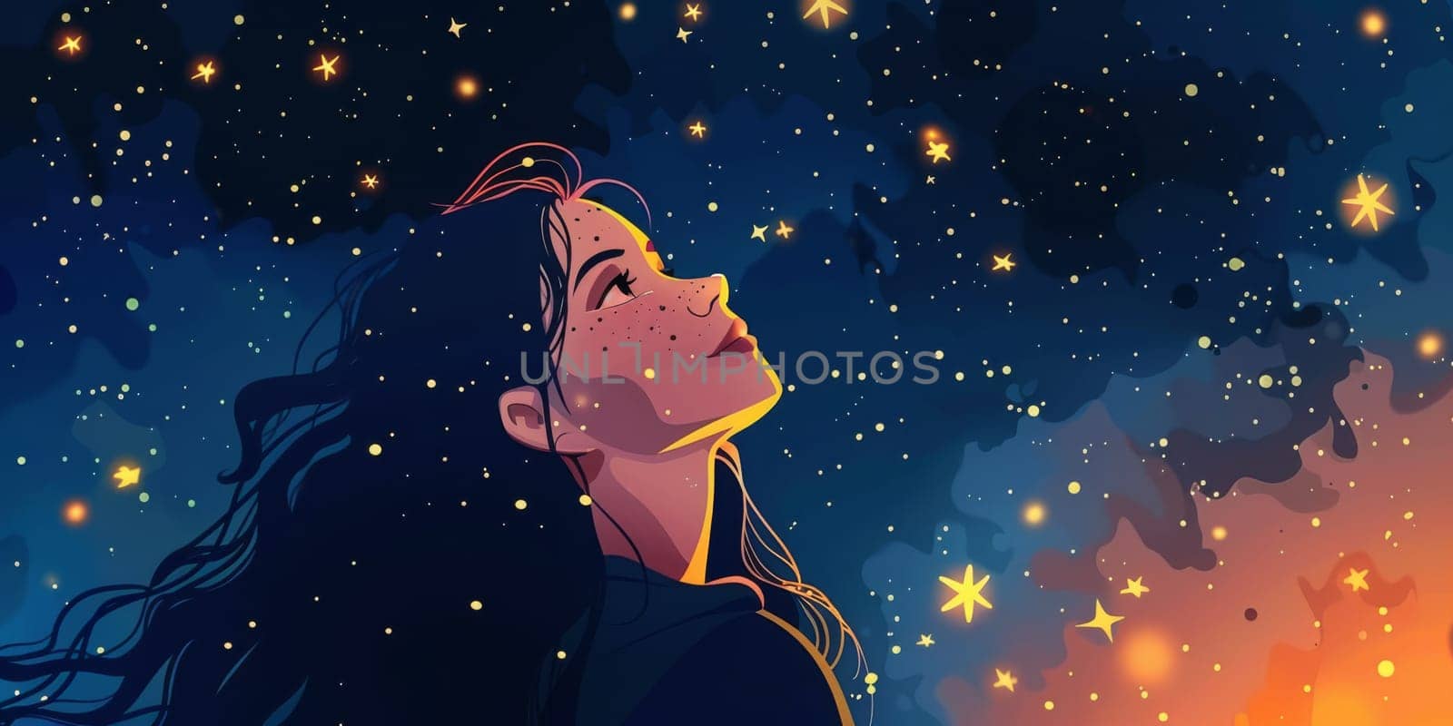 Gazing the stars, an young woman looking to the night sky and stars by Kadula