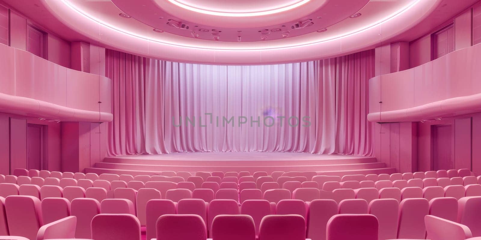 Empty super modern pink theater interior with seats and open stage, culture concept by Kadula