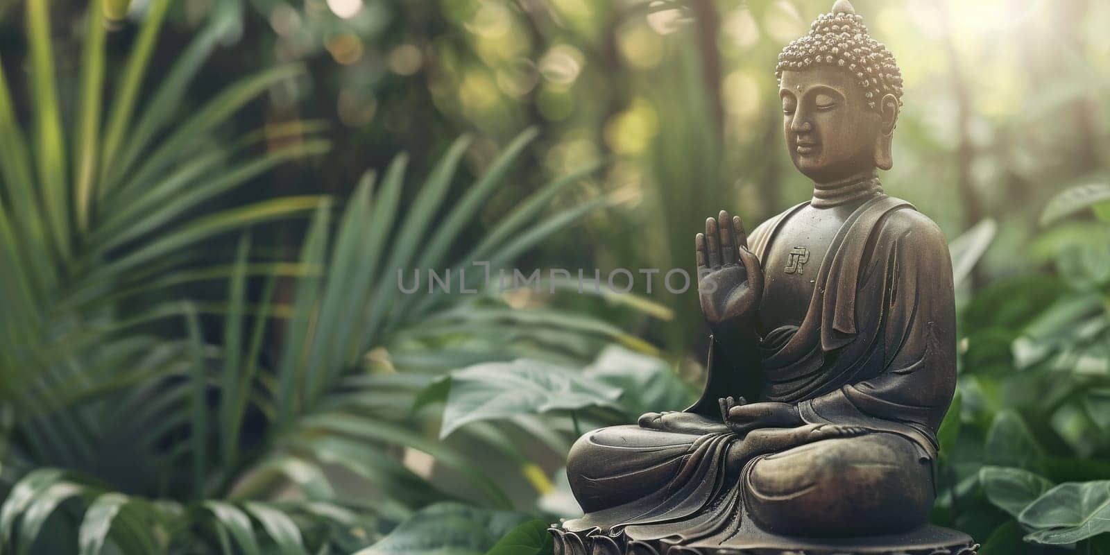 A meditative zen buddha statue with copy space jungle background