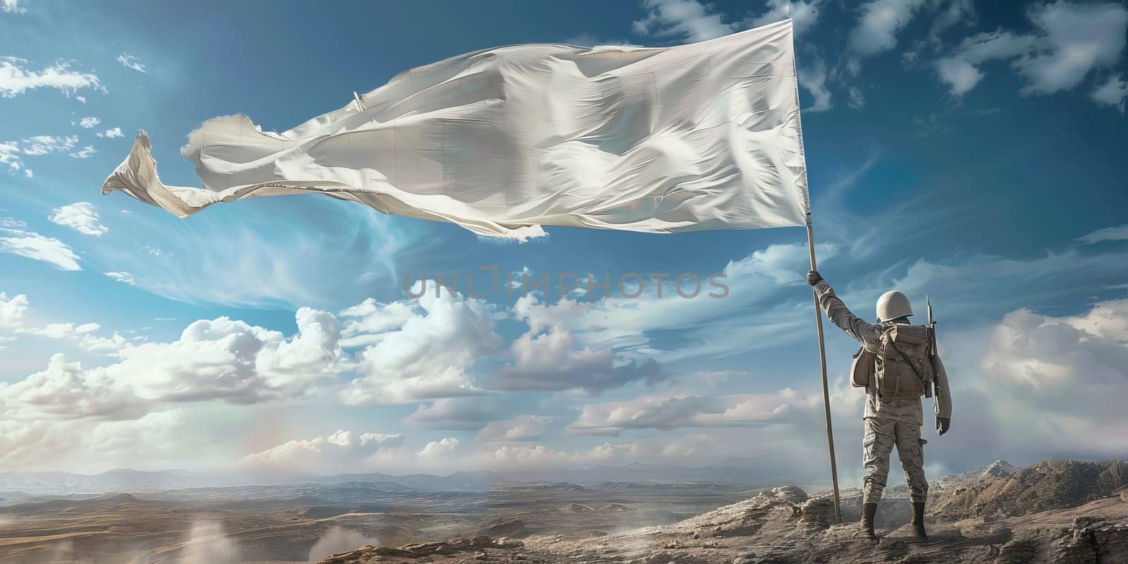 Army soldier holding huge white flag as surrender yield, give up during war by Kadula