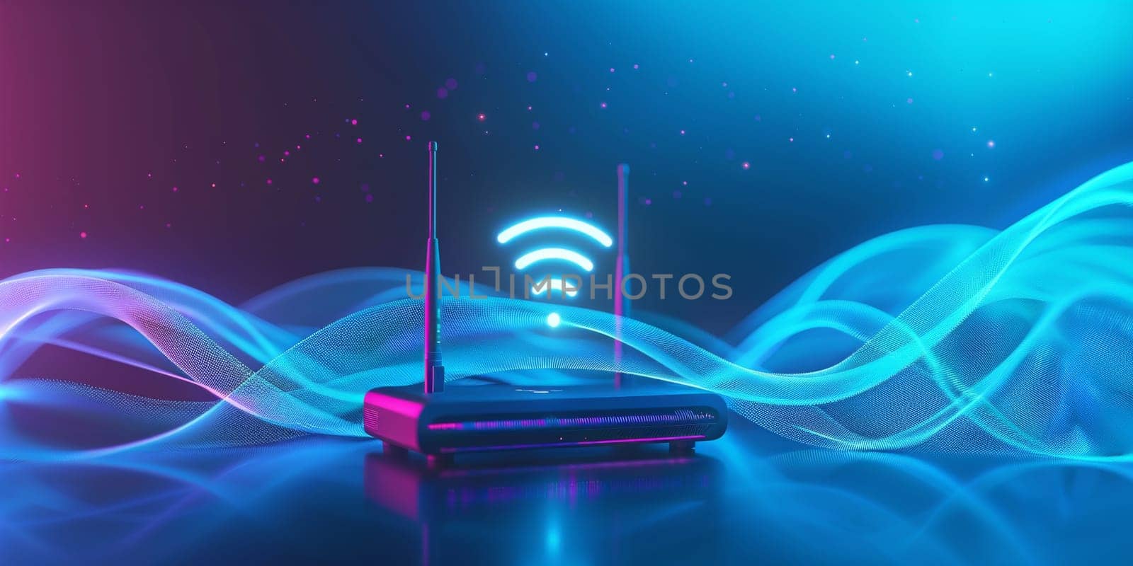 Icon wifi over the router isolated on a blue and pink abstract background, internet networking concept