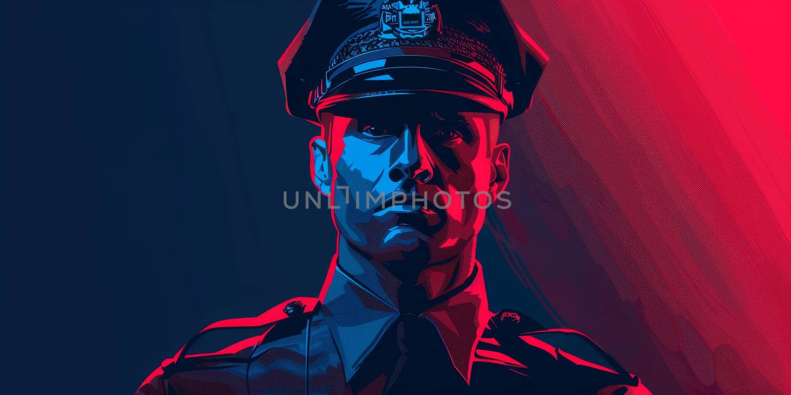 Portrait of police officer in the dark red and blue tones background
