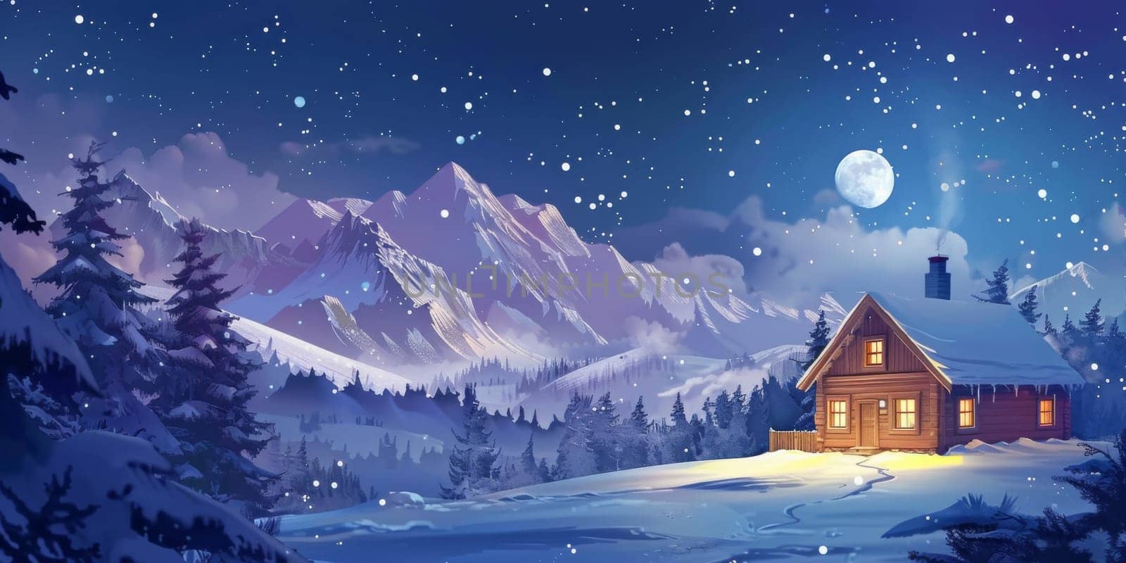 Fantastic cottage with a winter landscape in snowy mountains during night