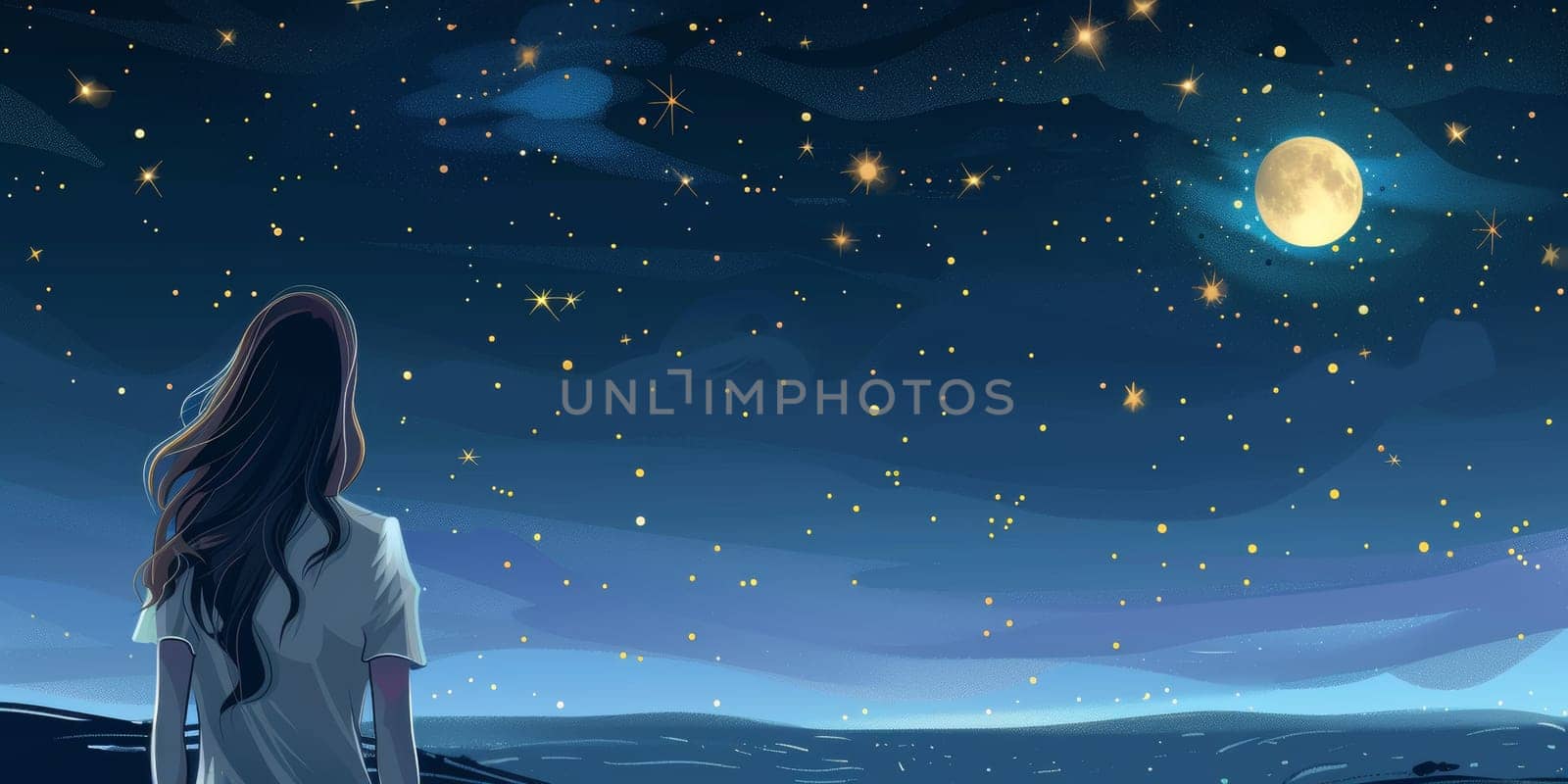 Young woman looking to stars during night, gazing at the stars by Kadula