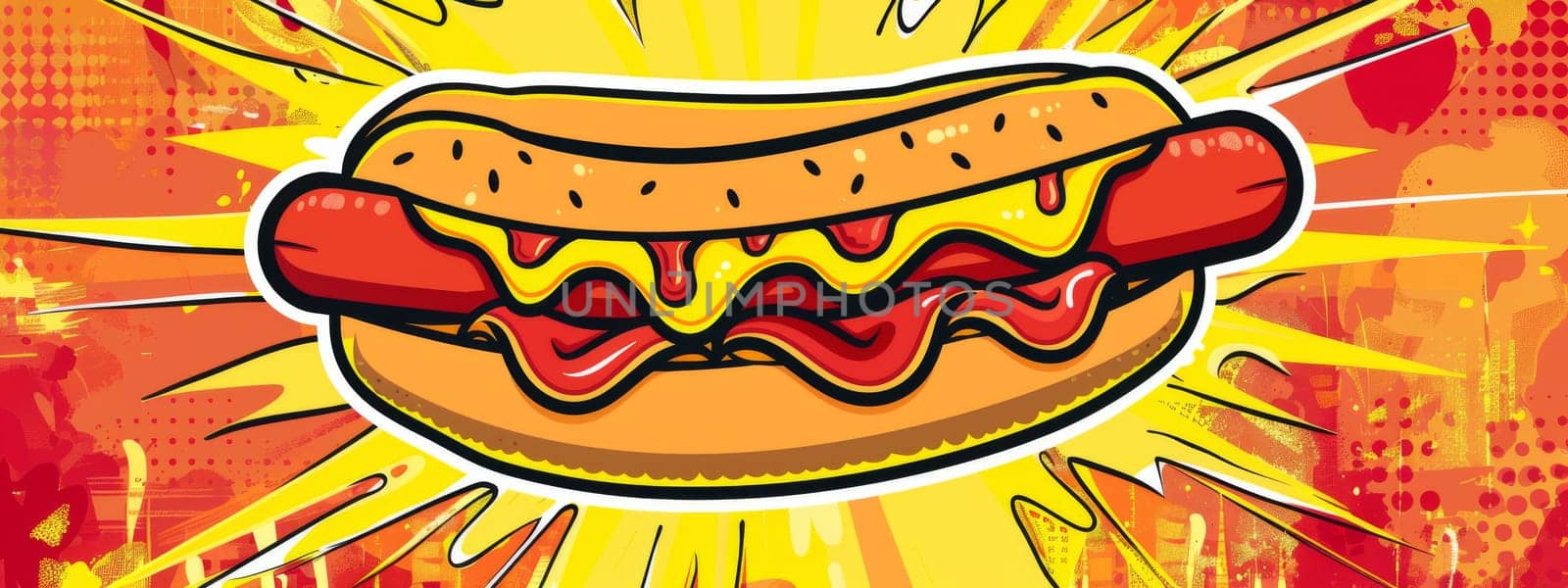 Pop art hot dog with a mustard and ketchup, food concept