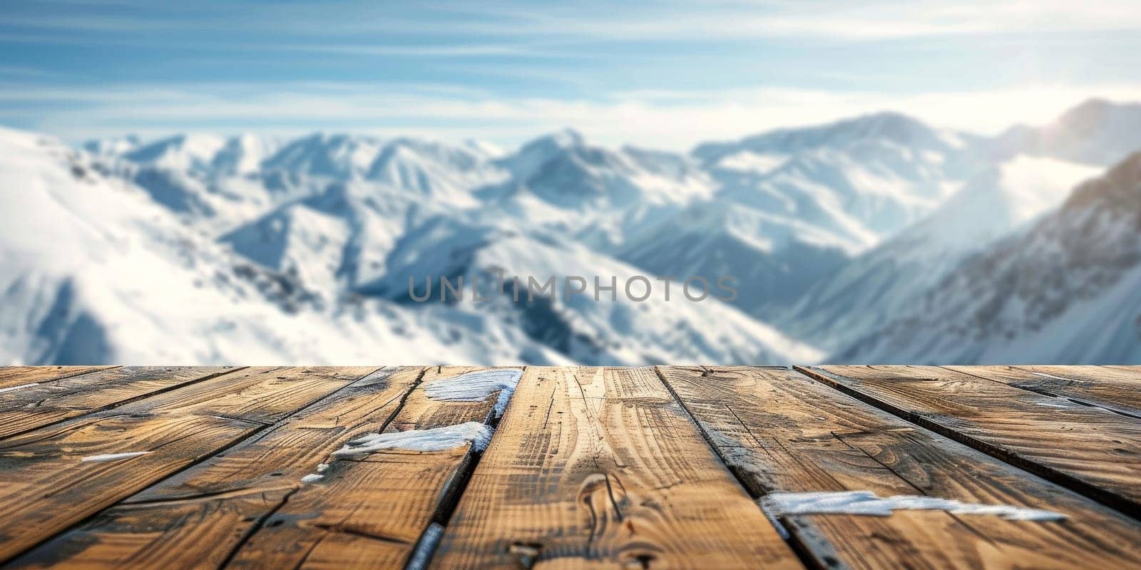 Empty wooden table top with blur background of snowy mountains by Kadula