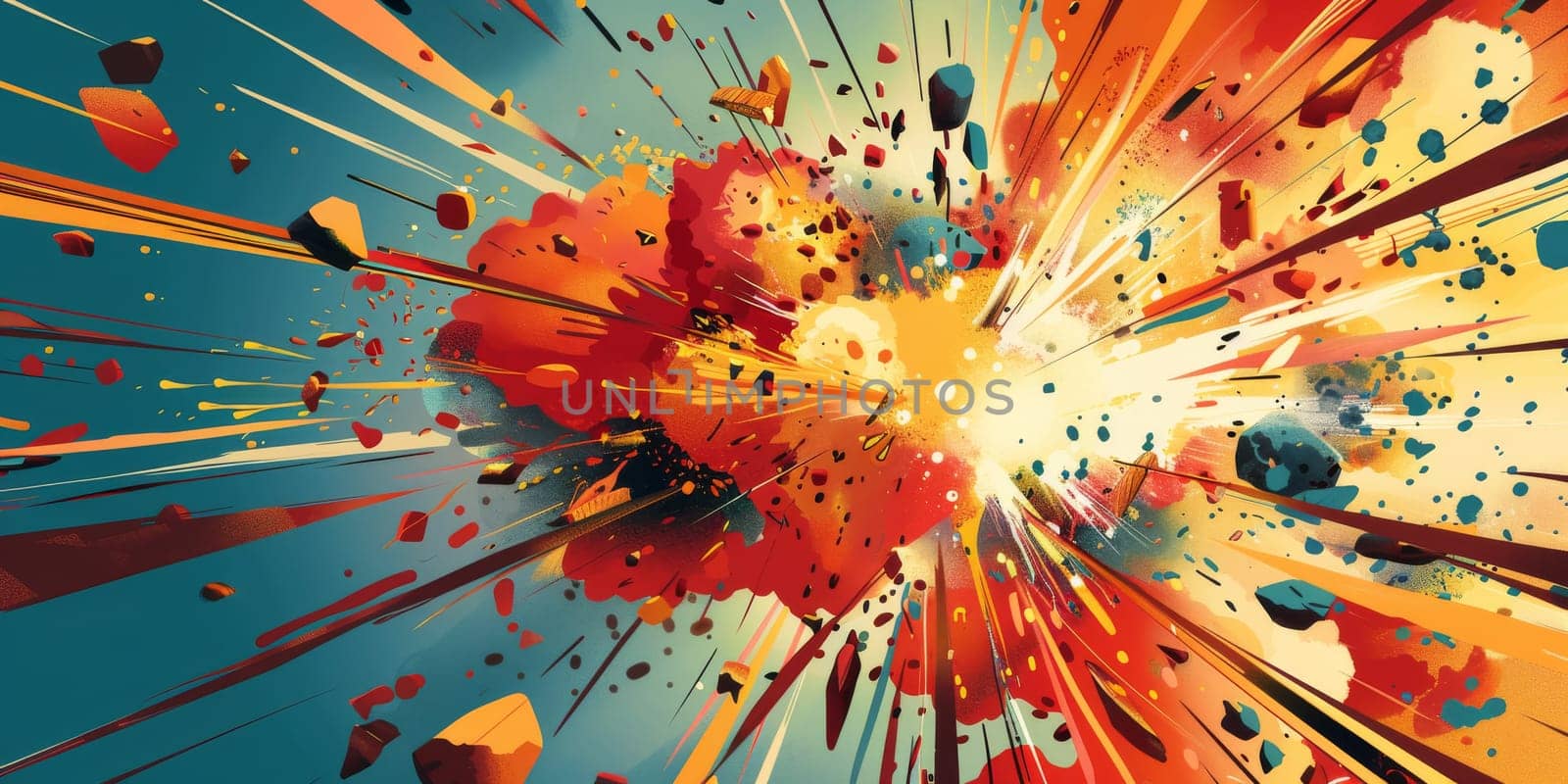 Huge colorful explosion with fragments of a bomb, shell, or other object thrown out by an explosion by Kadula