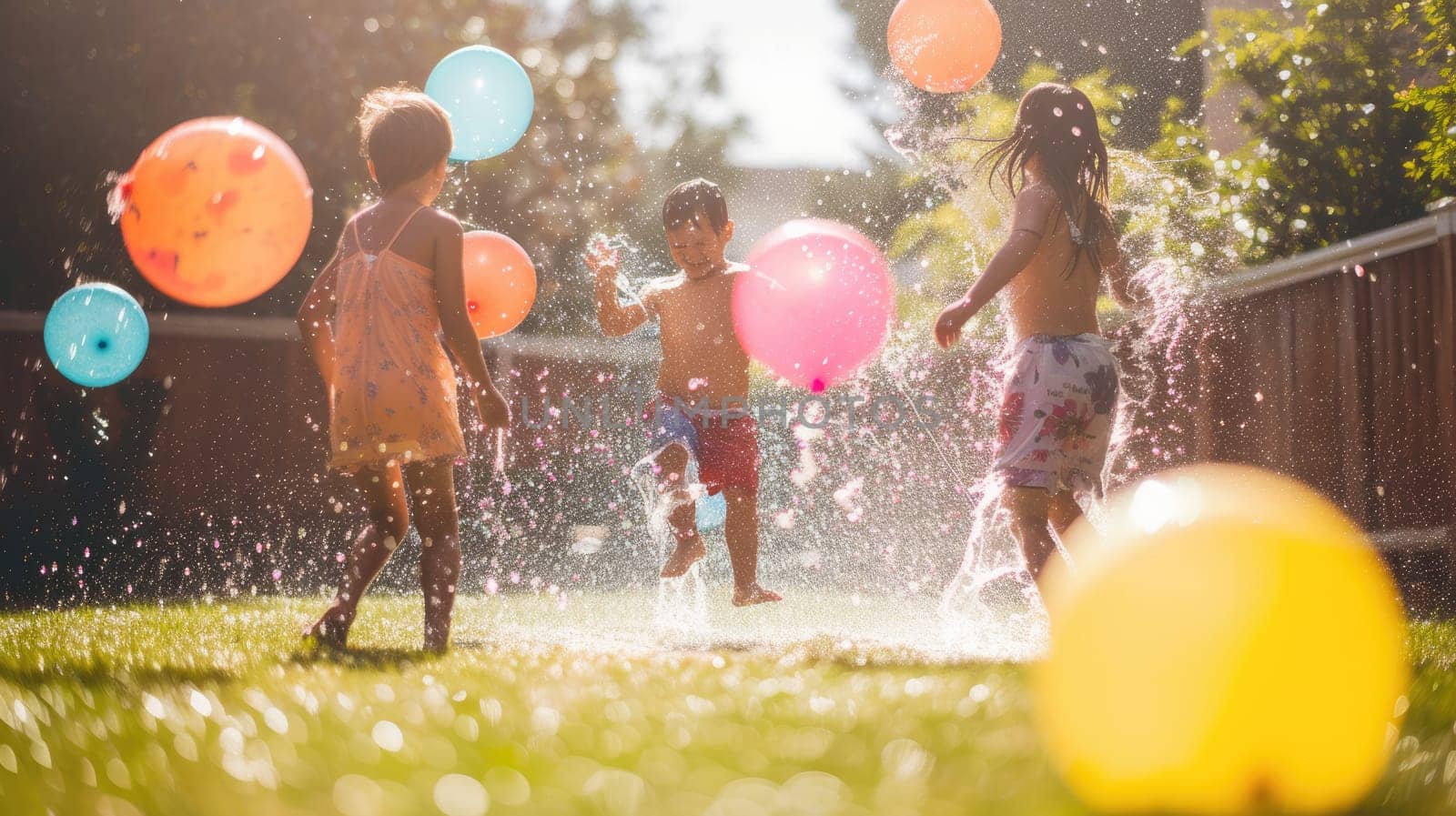A joyful event unfolds as a group of children happily engage in a leisurely backyard activity, playing with water balloons. AIG41