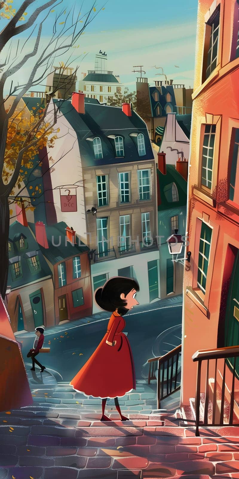 A girl in red dress strolls past buildings with intricate facades in the city. High quality illustration