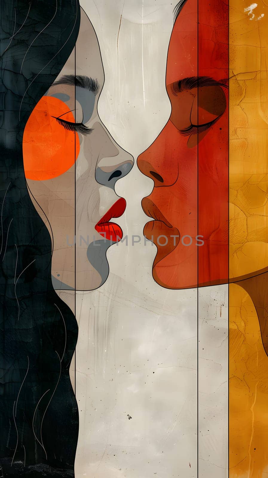 a painting of two women kissing each other on a wall . High quality