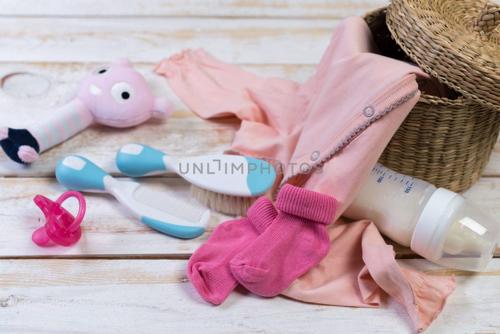 set of fashion trendy clothes and kids stuff for little baby girl