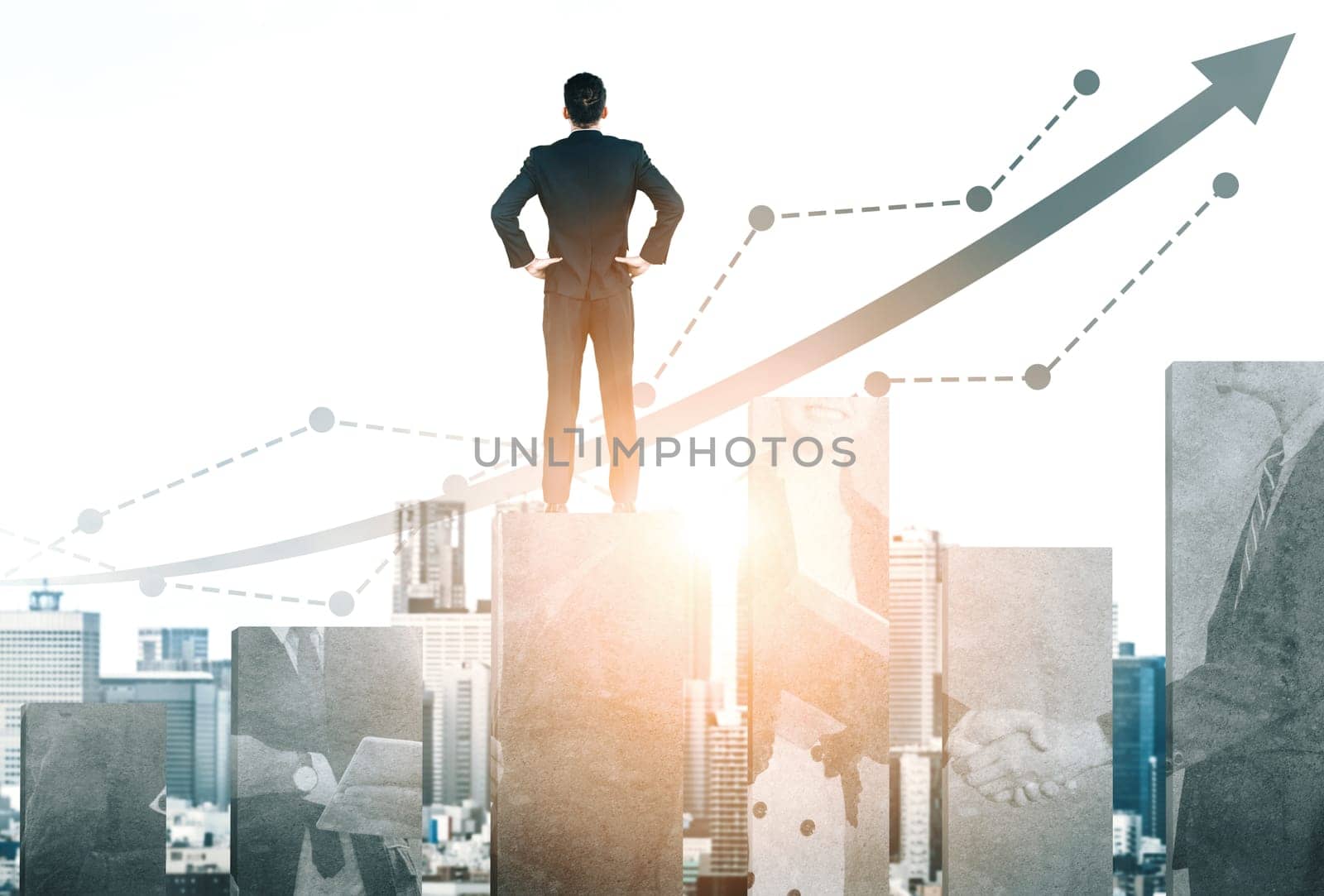 Double Exposure Image of Business and Finance - Businessman with report chart up forward to financial profit growth of stock market investment. uds