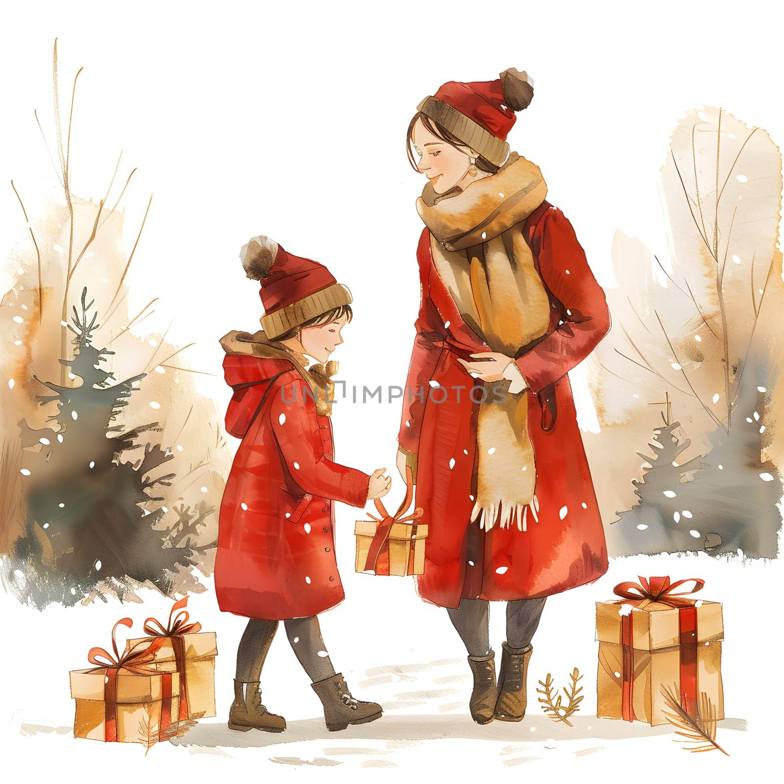 Mother and daughter stand in snow with presents, holiday gesture by Nadtochiy