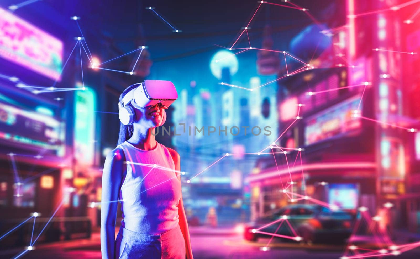 Smart female standing in cyberpunk style building in meta wear VR headset connecting metaverse, future cyberspace community technology, Woman raising head looking virtual construction. Hallucination.