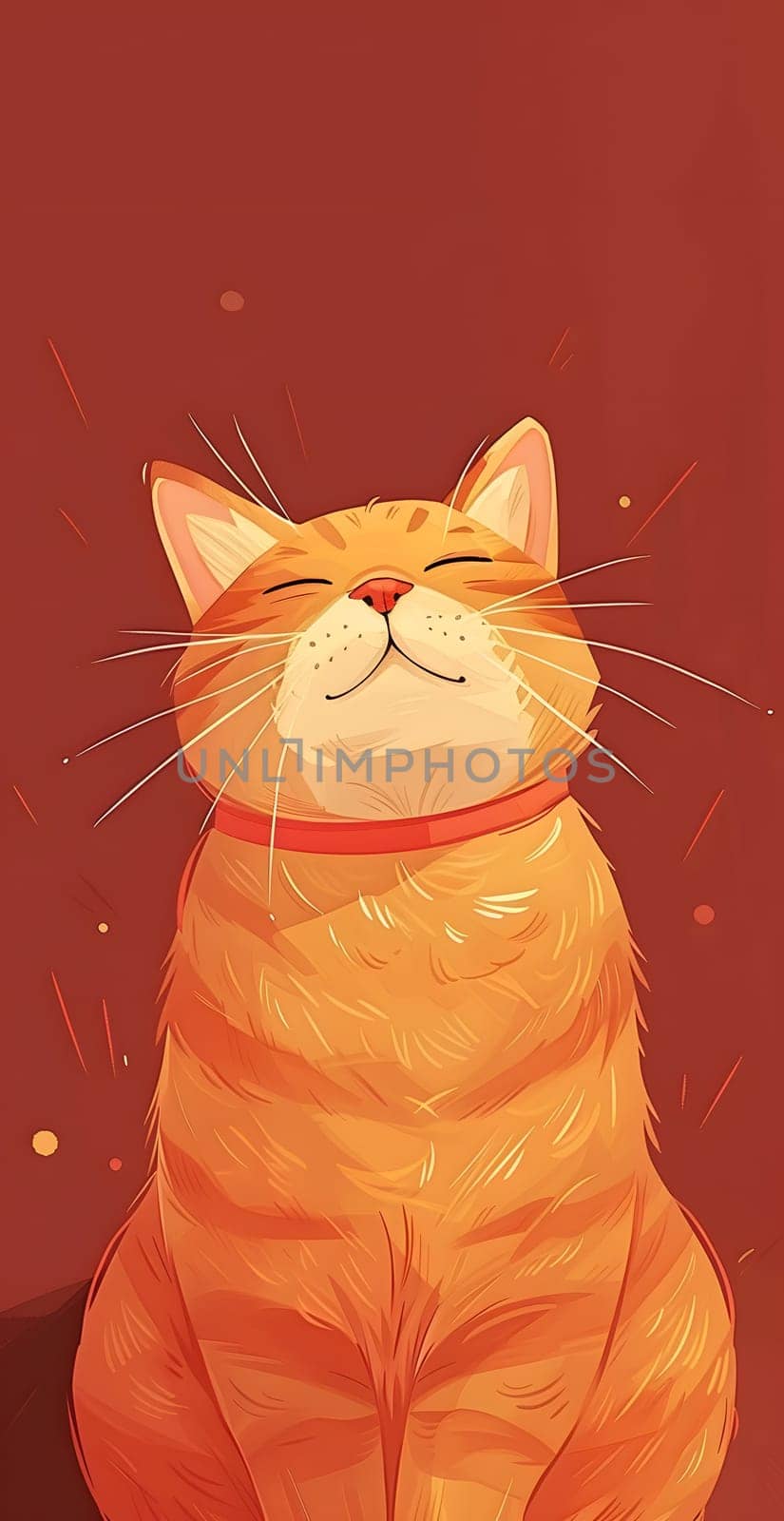 Felidae Cat with orange fur and red collar sitting peacefully with eyes closed by Nadtochiy