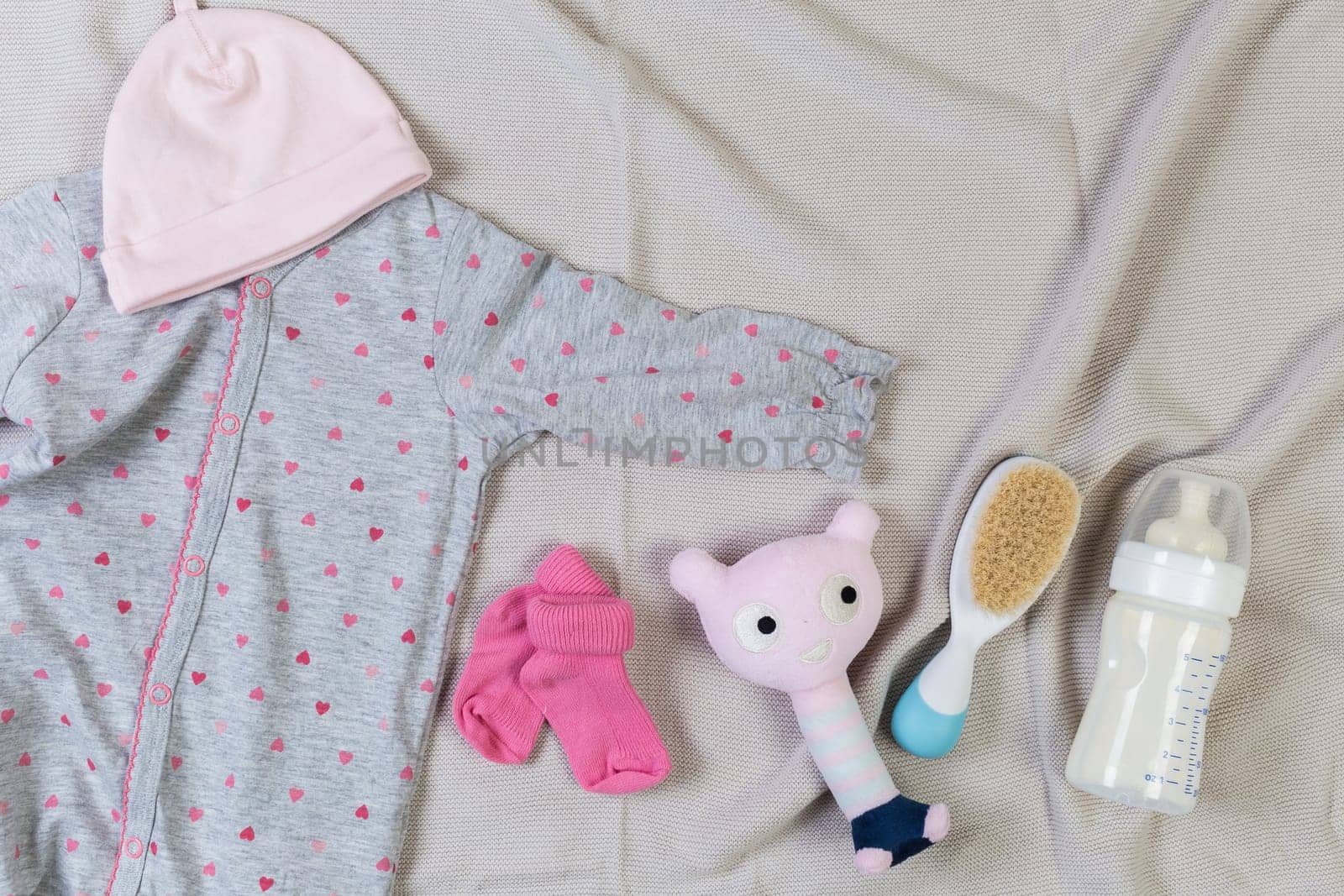 set of fashion trendy clothes and kids stuff for little baby girl