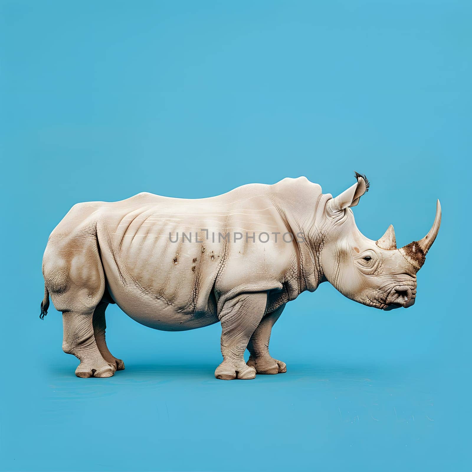 A sculpture of a white rhinoceros, a terrestrial animal, standing on a blue background. The fawncolored creature has a distinctive snout