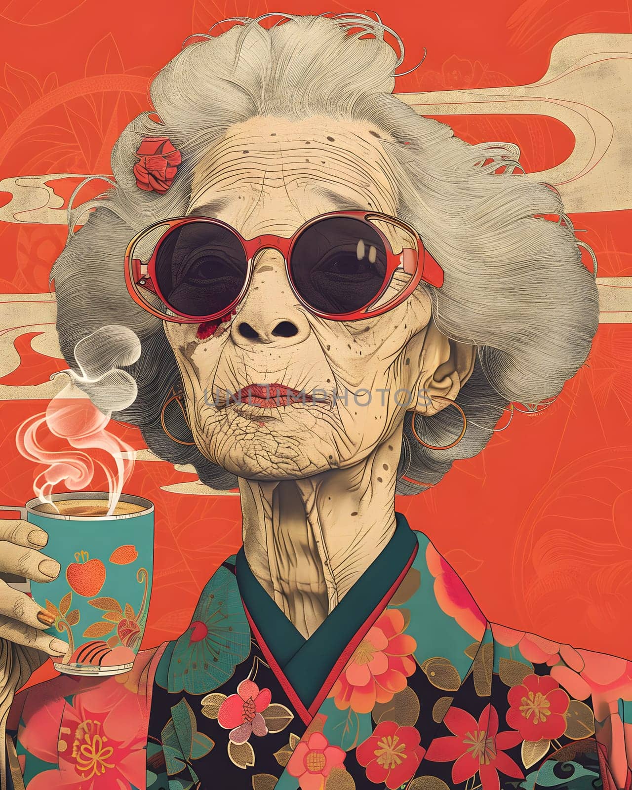 Elderly artist with sunglasses paints with coffee cup in hand by Nadtochiy