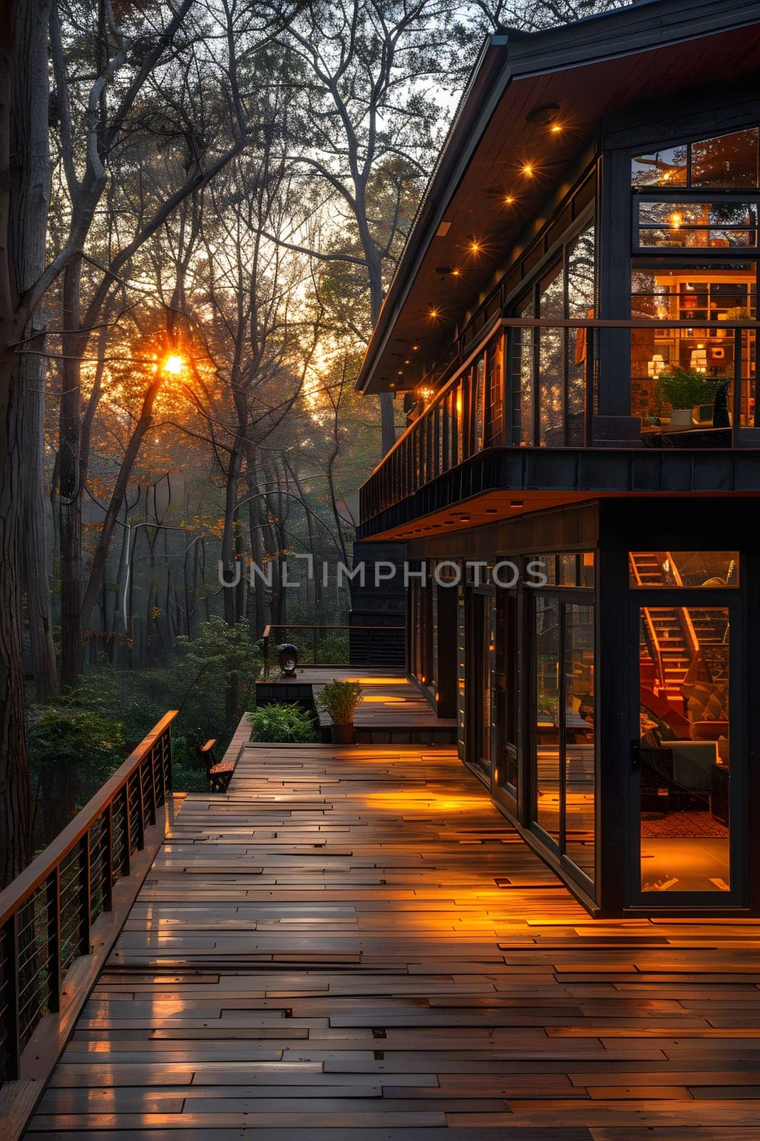 a large house with a large deck in the middle of a forest by Nadtochiy